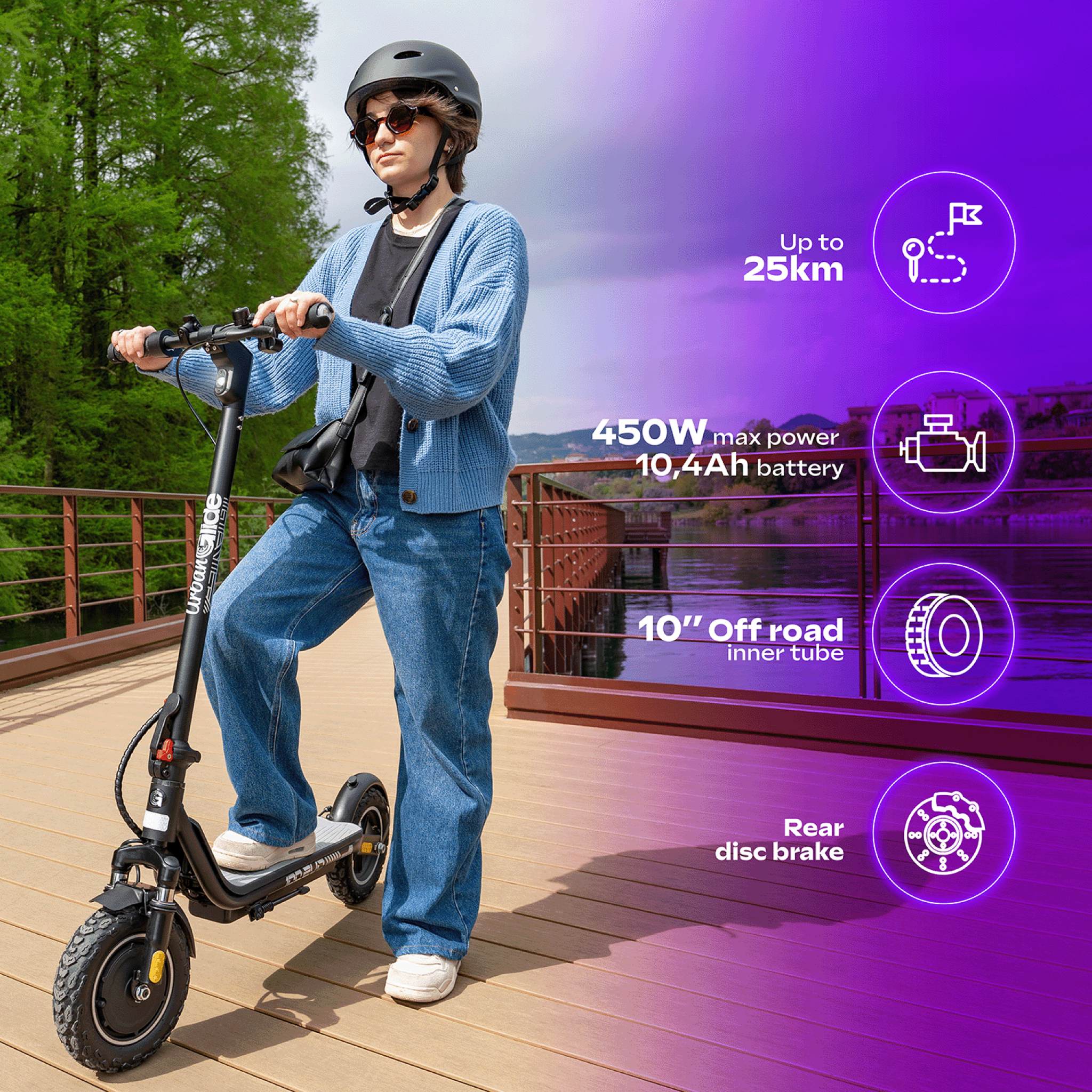 Voir la diapositive 3 : URBANGLIDE 100EV9 – Batterie 25.2V – Trottinette Électrique Adulte UrbanGlide – Autonomie Jusqu'a 25 km – Poids 16Kg – Pneu Cross 10  Gonflable