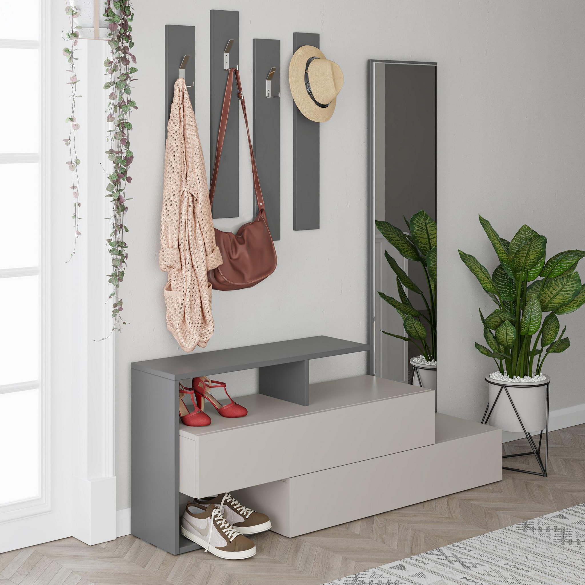 Voir la diapositive 3 : Habitat et Jardin Meuble d'entrée avec miroir en bois  ramda  - 137 x 35 x 154 cm - gris anthracite