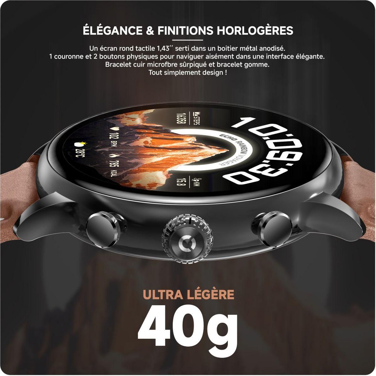 Echo Montre connectée Rainbow Voyager Noir Silicone+MarronCuir
