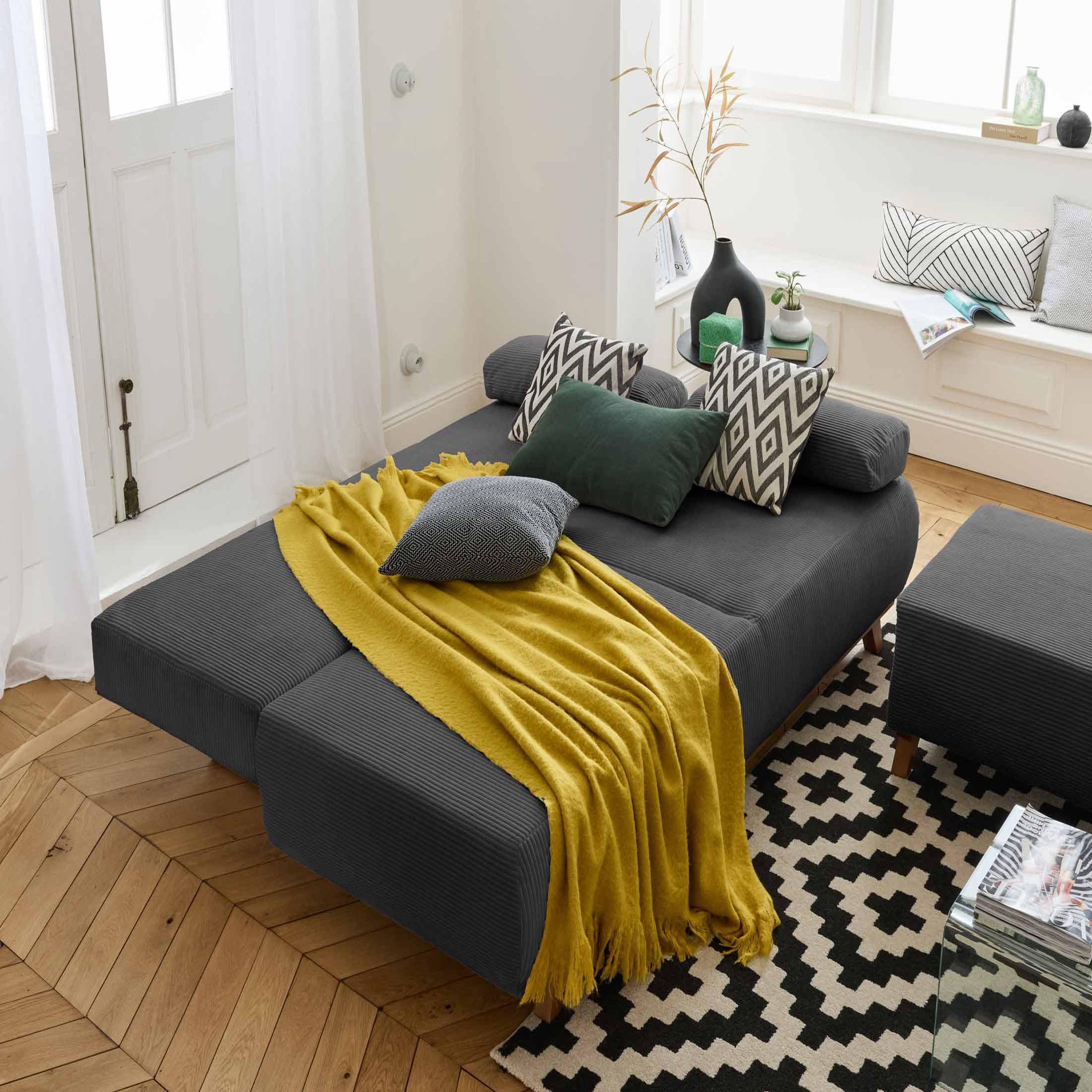 Voir la diapositive 2 : BEST MOBILIER Cristal - canapé 3 places - convertible avec coffre et pouf - en velours côtelé