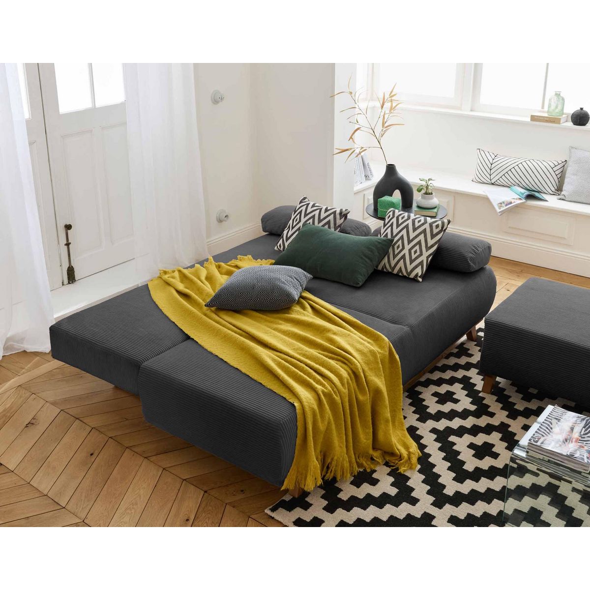 BEST MOBILIER Cristal - canapé 3 places - convertible avec coffre et pouf - en velours côtelé