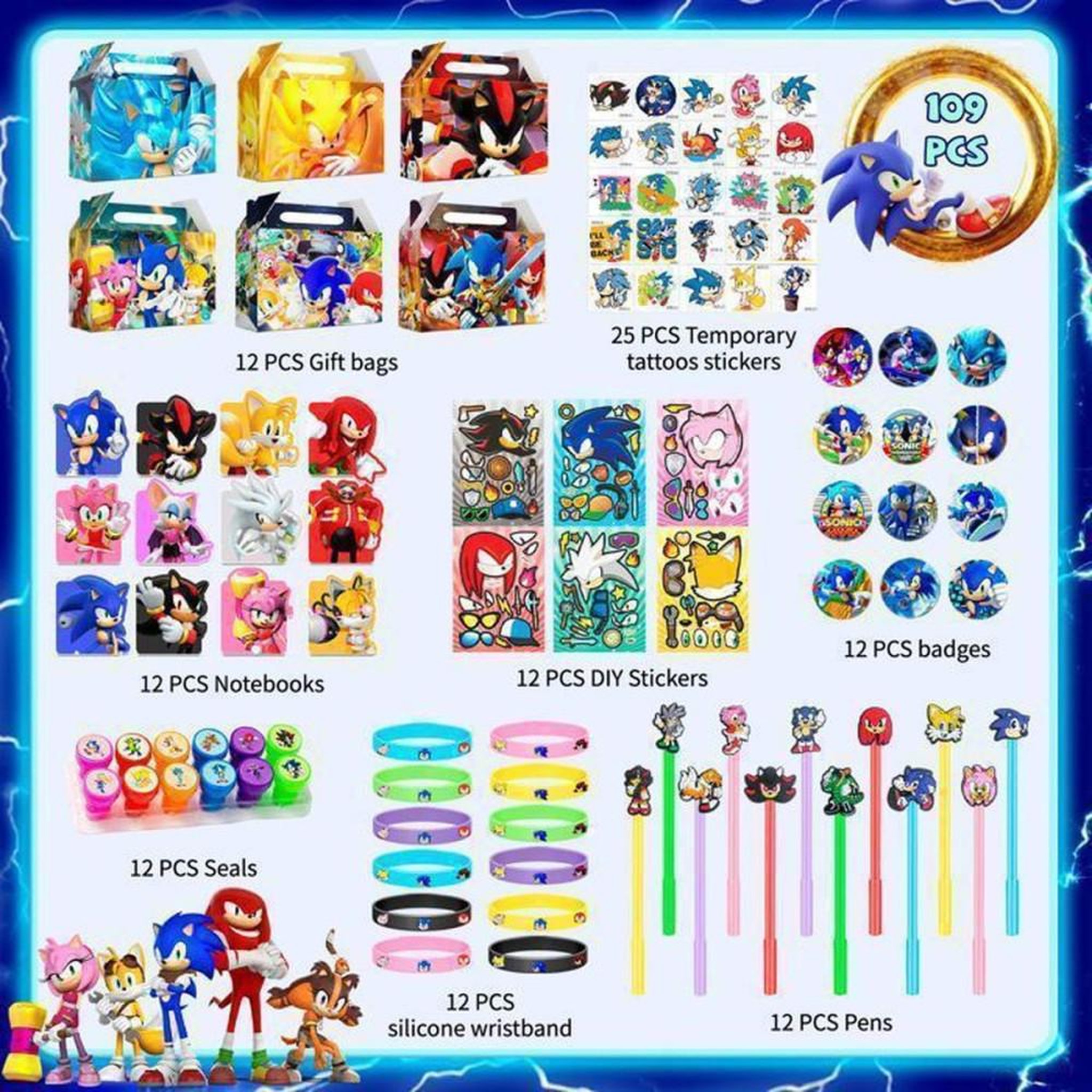 Voir la diapositive 2 : Kit fête à thème Sonic pour 12 enfants : 12 sacs cadeaux, 25 tatouages éphémères, badges, stickers et carnets