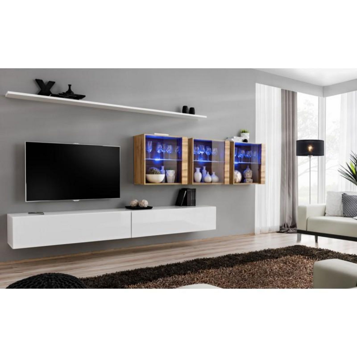 Paris Prix Meuble TV Mural Design  Switch XVII  340cm Blanc & Naturel