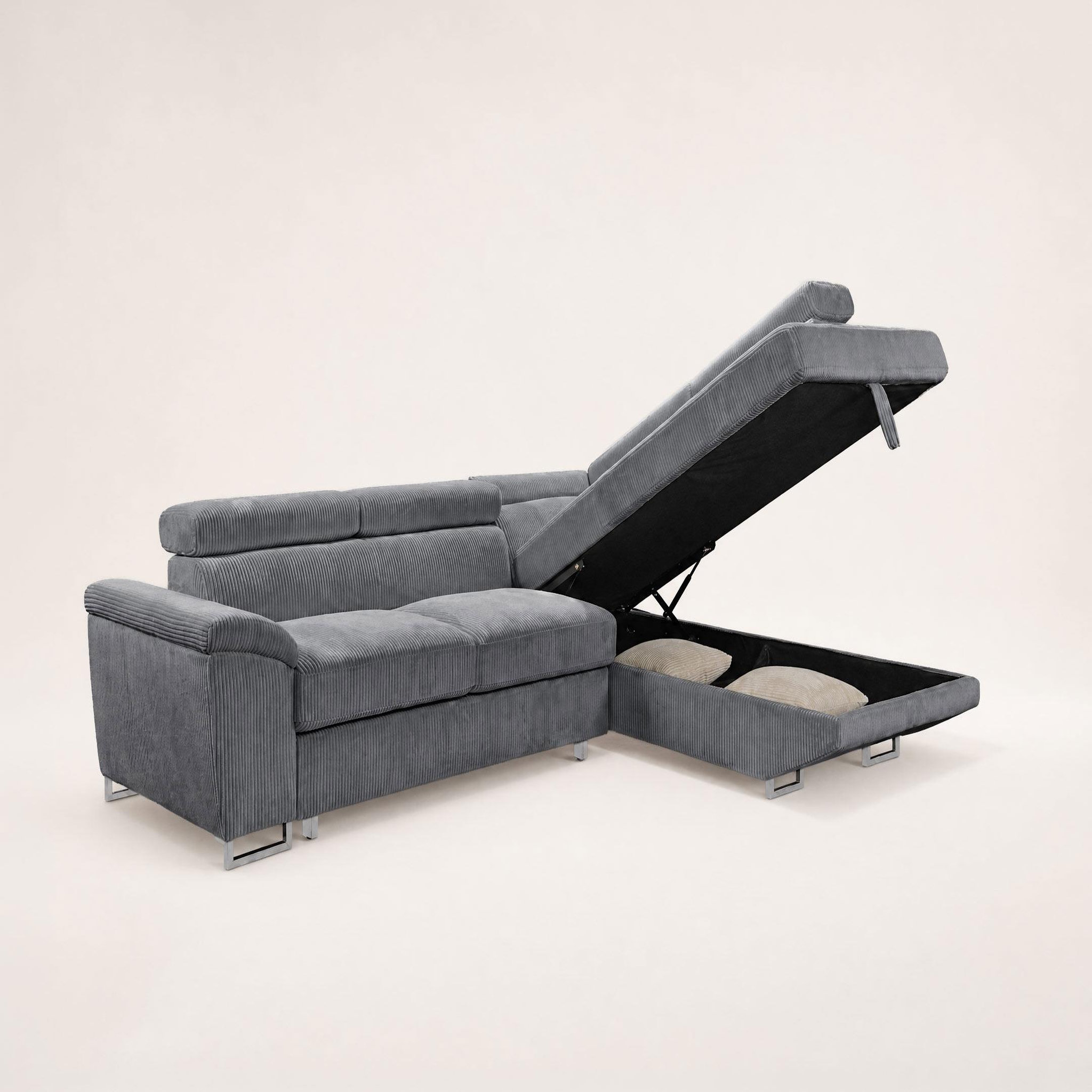 Voir la diapositive 5 : BEST MOBILIER Baoji - canapé d'angle droit 5 places convertible avec têtières et coffre en velours côtelé