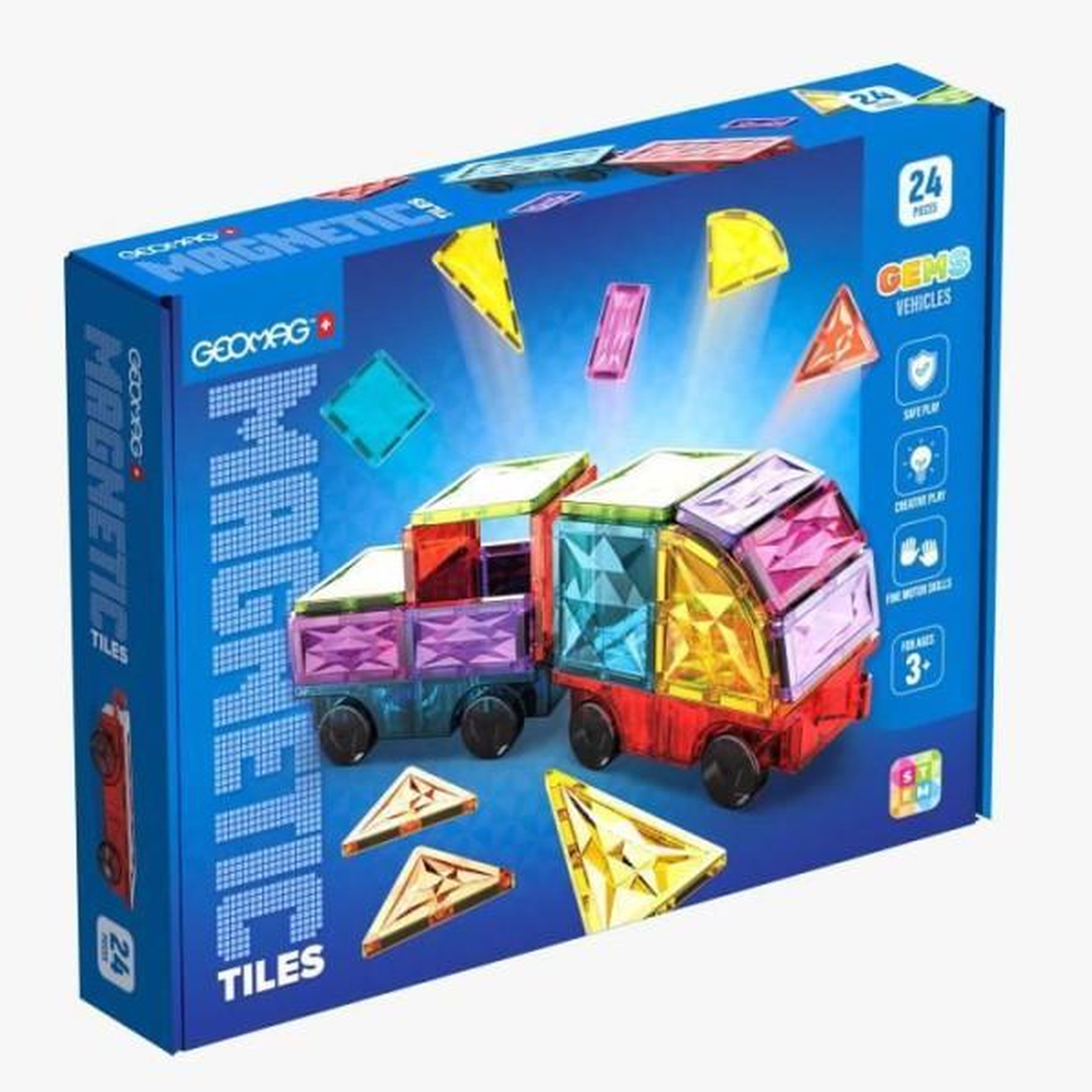Geomag Tuiles magnétiques - GEOMAG - Tiles Gems Vehicles - 24 pieces - Effet cristal - Des 3 ans