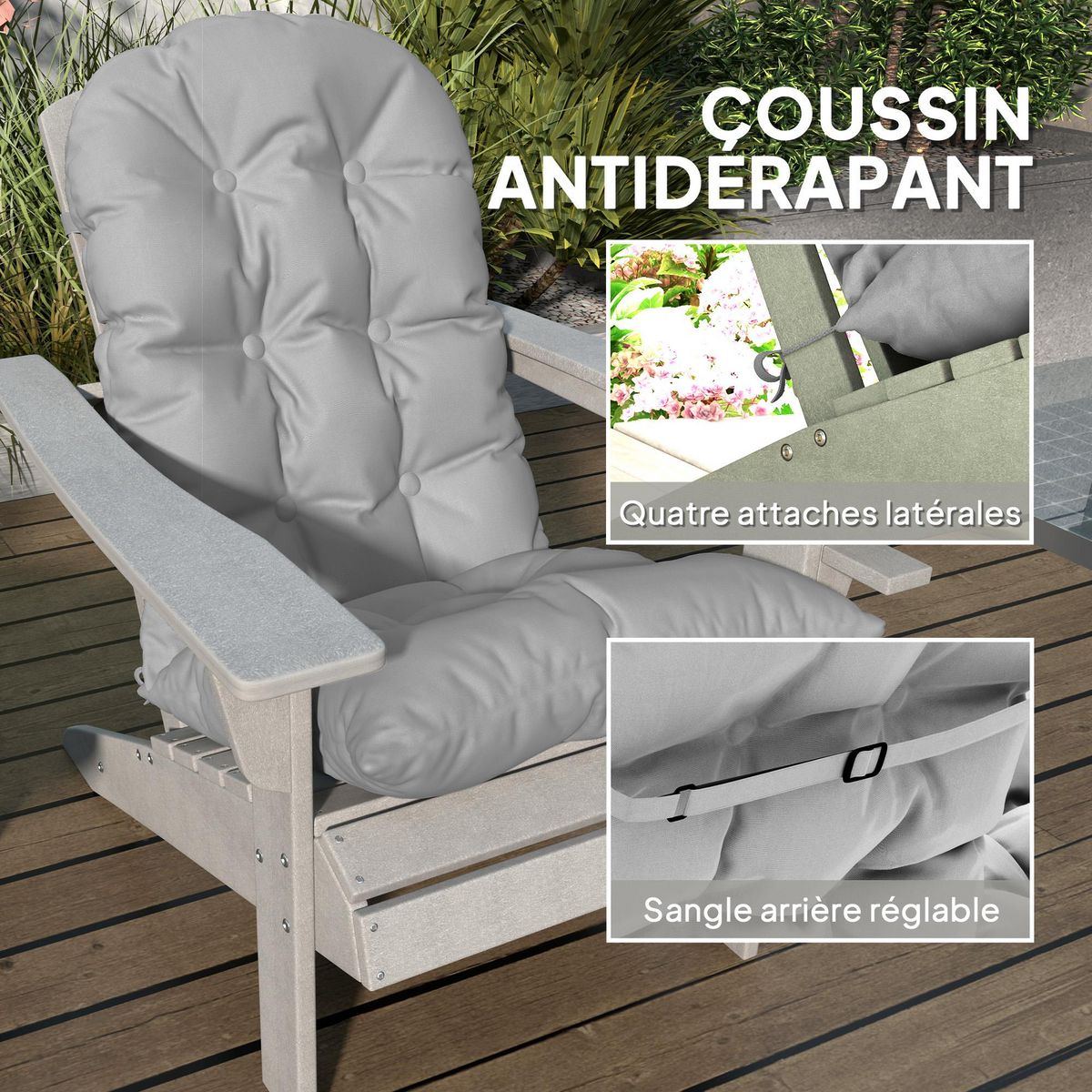 OUTSUNNY Lot de 2 coussins chaises fauteuils de jardin style Chesterfield tissu gris clair