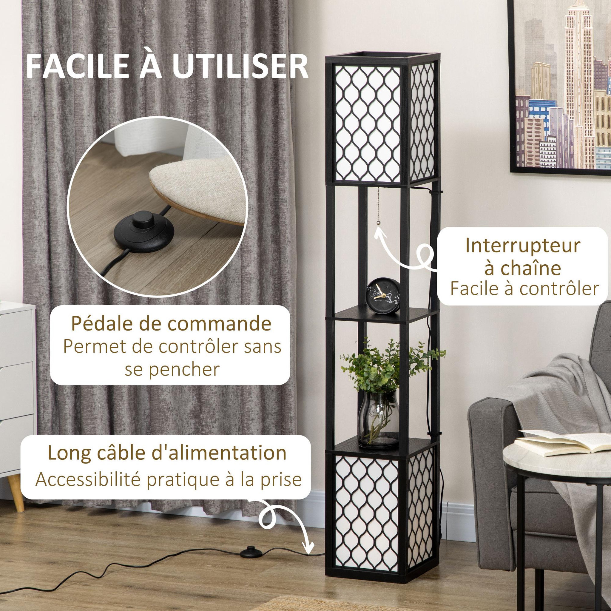 Voir la diapositive 6 : HOMCOM Lampadaire étagère lampe étagère dim. 26l x 26l x 156h cm 2 étagères mdf motif nid d'abeille noir