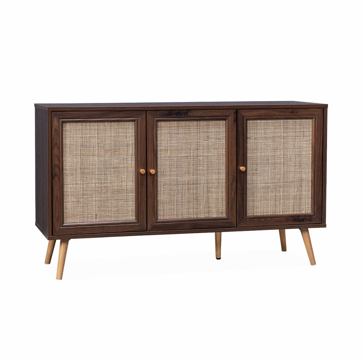 SWEEEK Buffet de rangement en cannage 120x39x70cm  - Bohème - 2 niveaux. 3 portes. pieds scandinaves. buffet bas