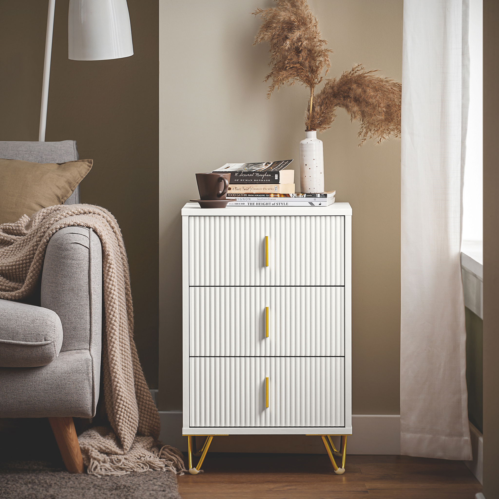 Voir la diapositive 4 : SOBUY Set de 2 Chevets 3 Tiroirs Blanc 40x36x63 cm Moderne FBT115-L-Wx2