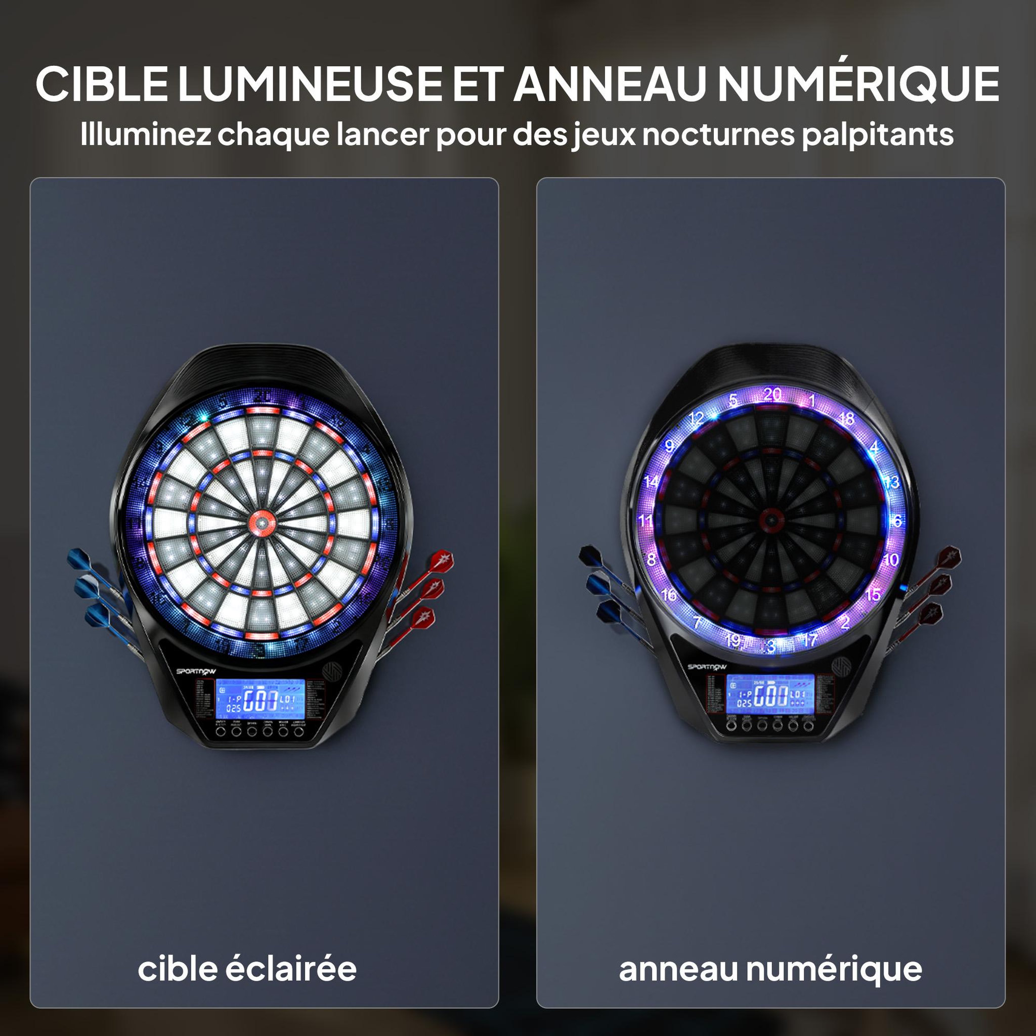 Voir la diapositive 5 : HOMCOM Cible jeu de fléchettes électronique 34 jeux jusqu'à 8 joueurs grand écran LED charge USB-C