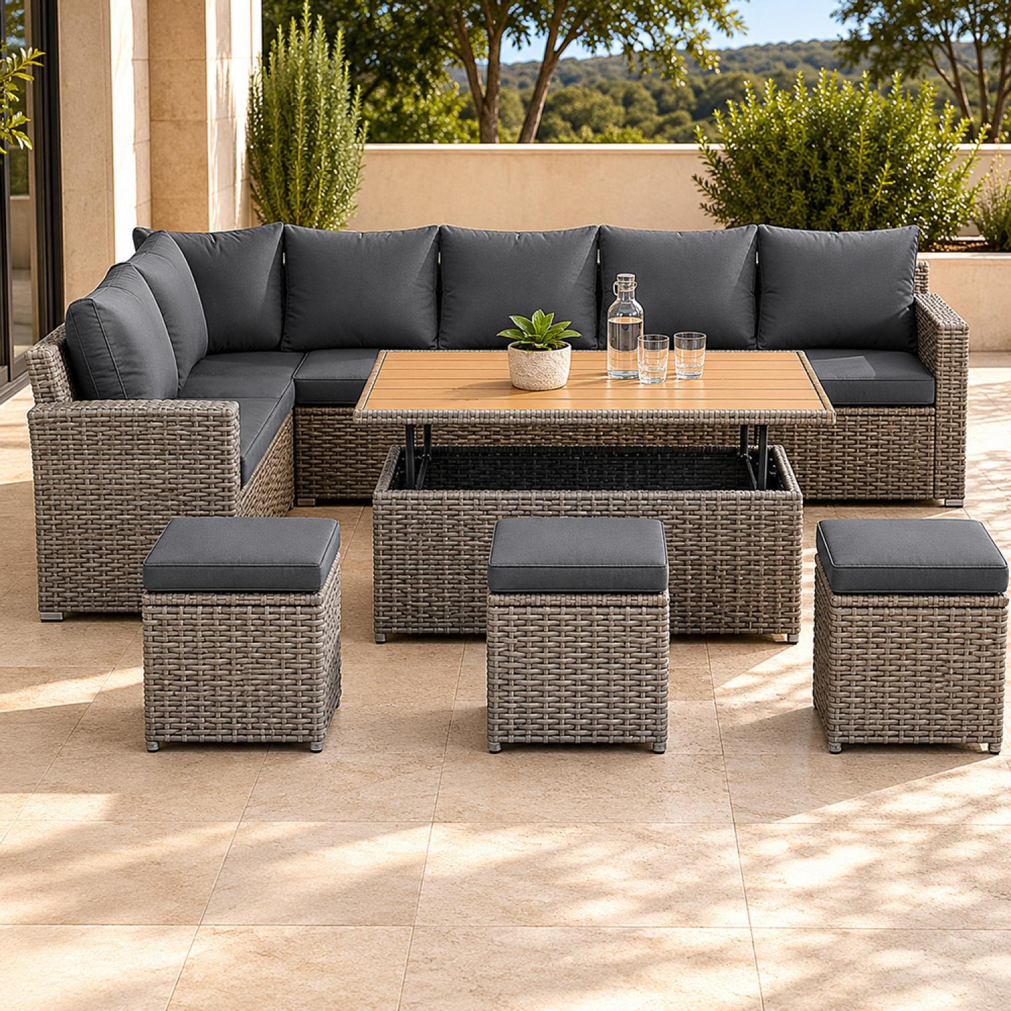 Voir la diapositive 2 : CONCEPT USINE Salon de jardin modulable 9 places en résine tressée avec table relevable effet bois sahara