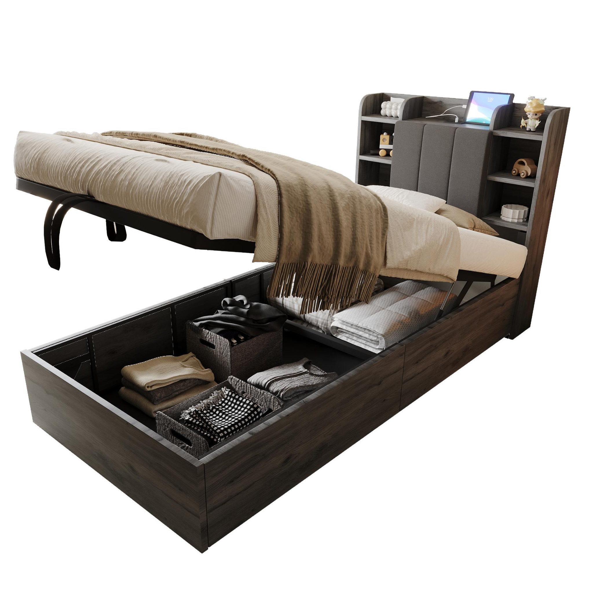MERAX Lit coffre. Coloris disponibles : Marron, Gris