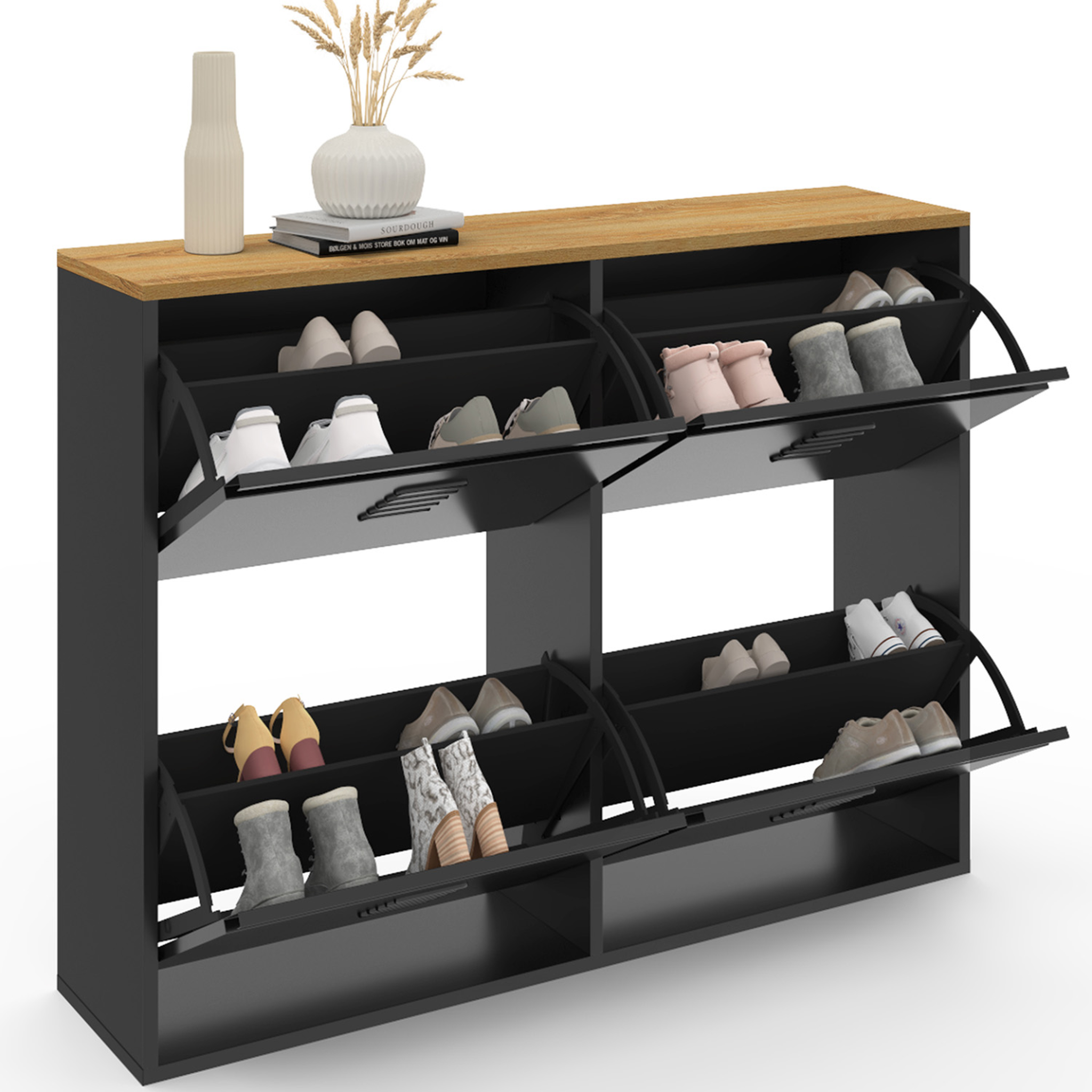 Voir la diapositive 4 : ID MARKET Meuble à chaussures 20 paires ester 4 portes métal noir et plateau façon hêtre design industriel
