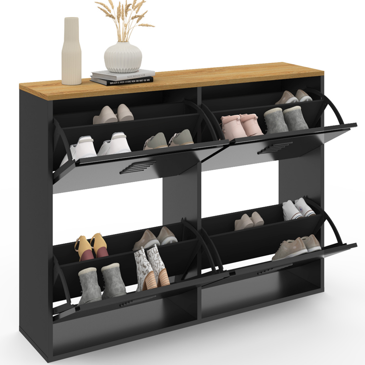 ID MARKET Meuble à chaussures 20 paires ESTER 4 portes métal noir et plateau façon hêtre design industriel