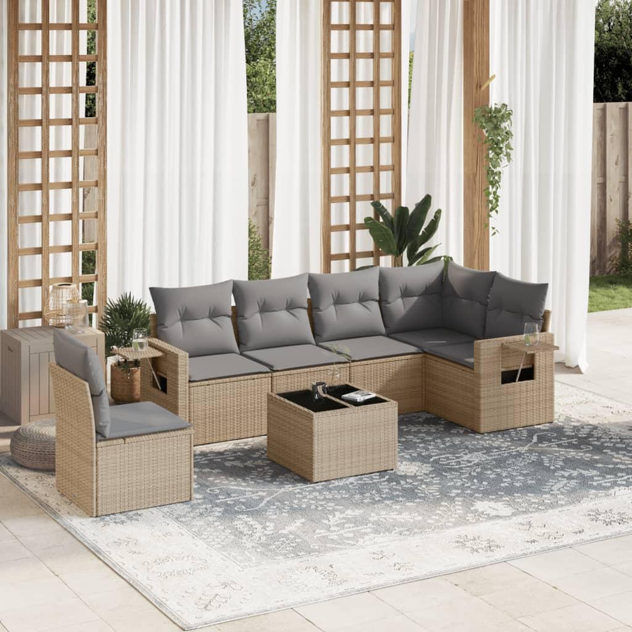 VIDAXL Salon de jardin avec coussins 7 pcs beige resine tressee