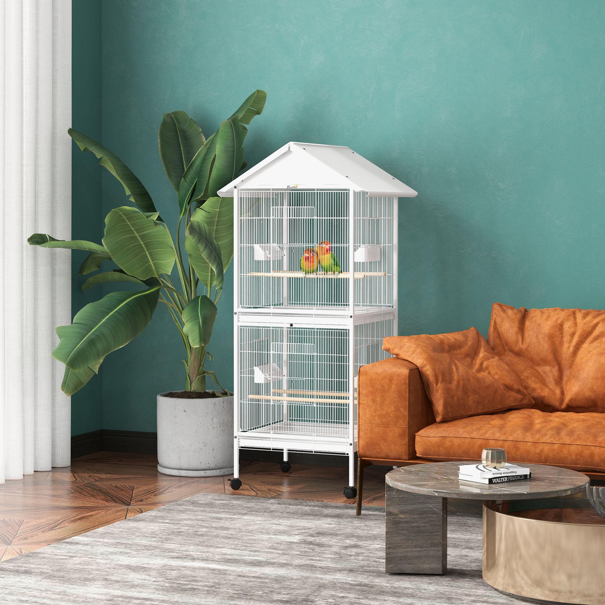 Voir la diapositive 2 : PAWHUT Volière cage à oiseaux sur roulettes design maison mangeoires perchoirs 10 portes plateaux excréments amovibles acier blanc
