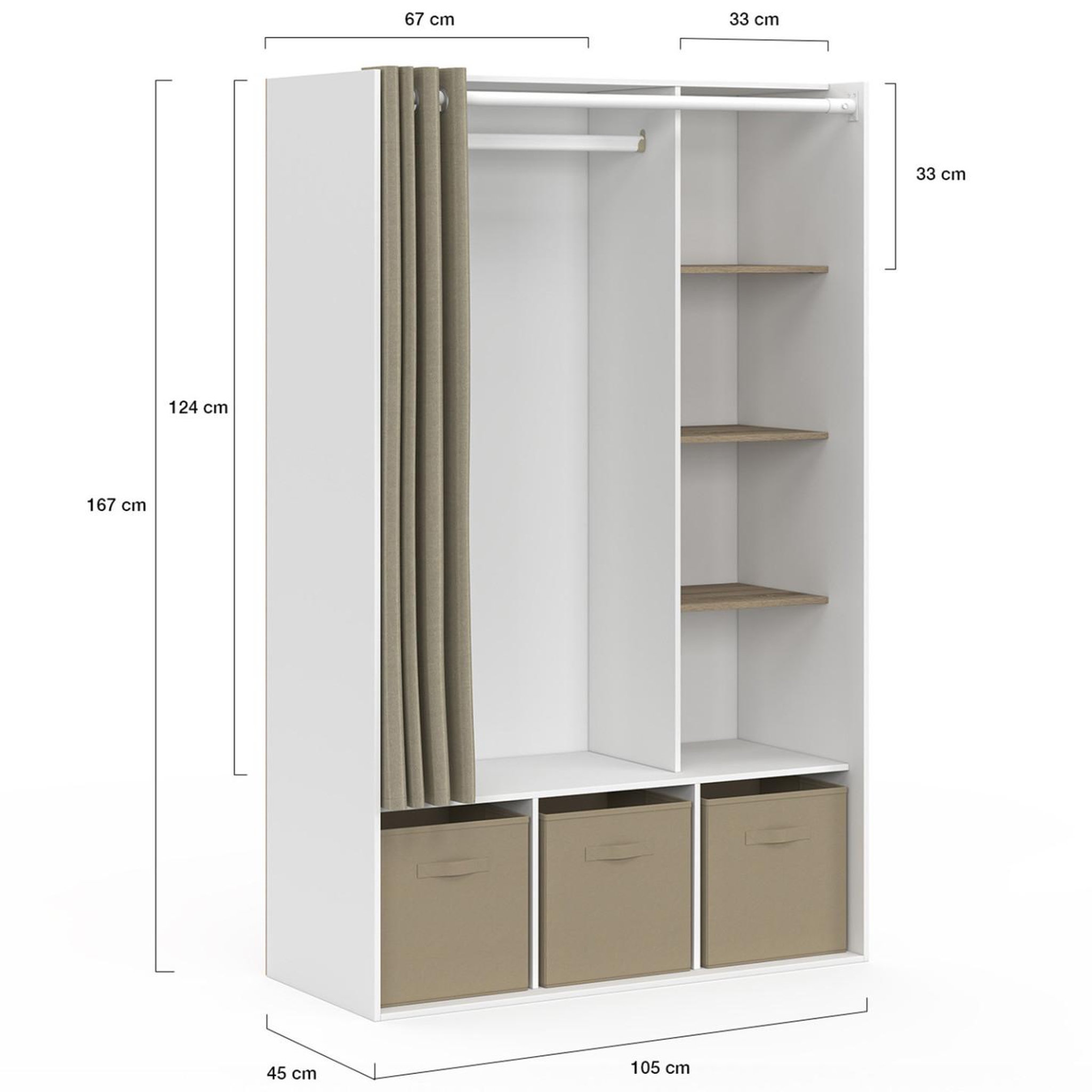 Voir la diapositive 4 : ID MARKET Dressing penderie diane 105 x 45 x 167 cm blanc avec étagères + boites de rangement + rideau taupe