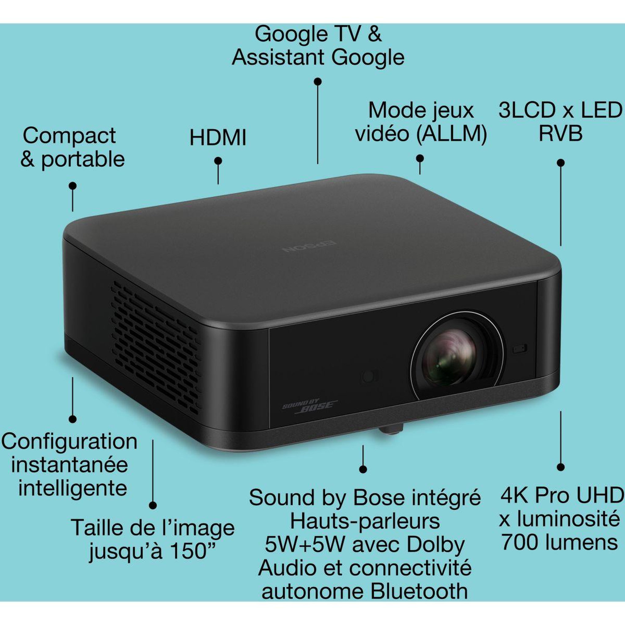 Voir la diapositive 5 : Epson Vidéoprojecteur portable EF-62B 2025, son signé Bose