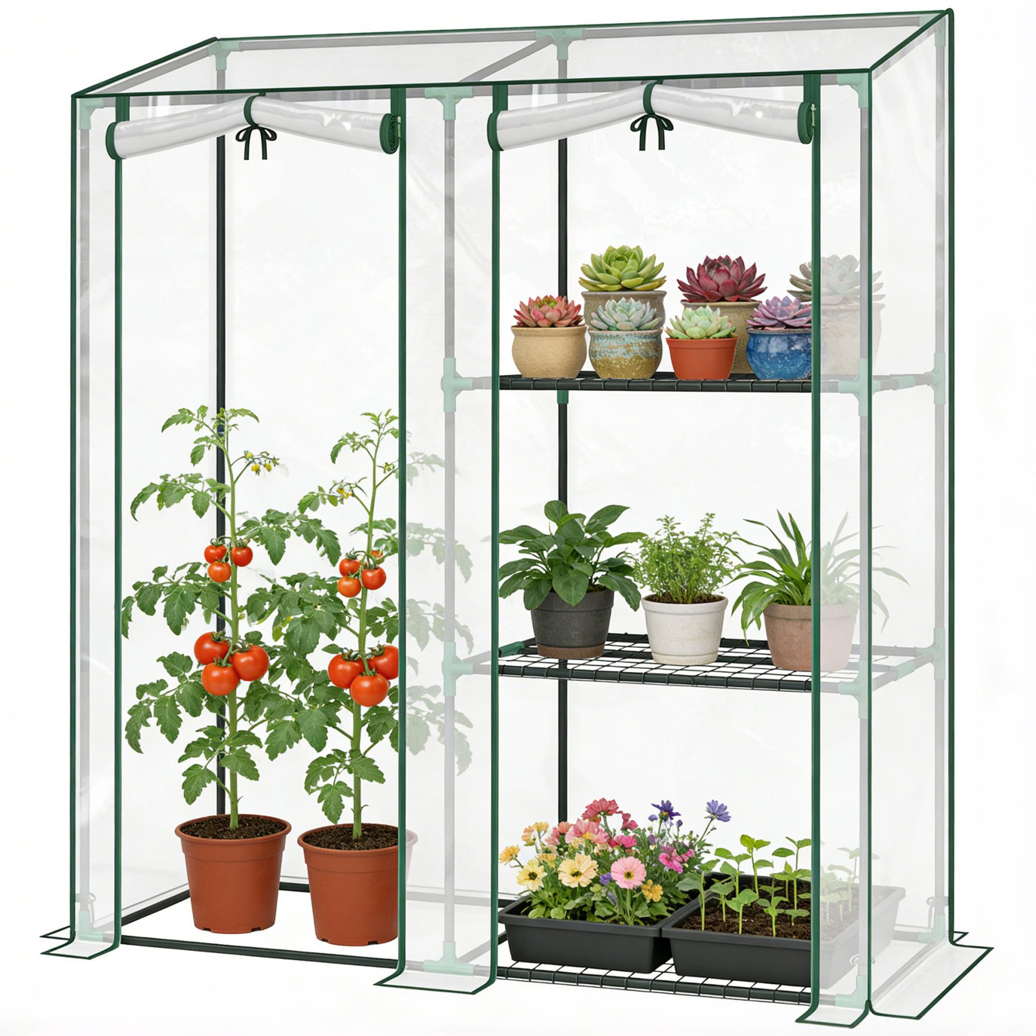 Voir la diapositive 5 : OUTSUNNY Serre à tomates serre à fleurs 3 étagères 2 en 1 vert transparent