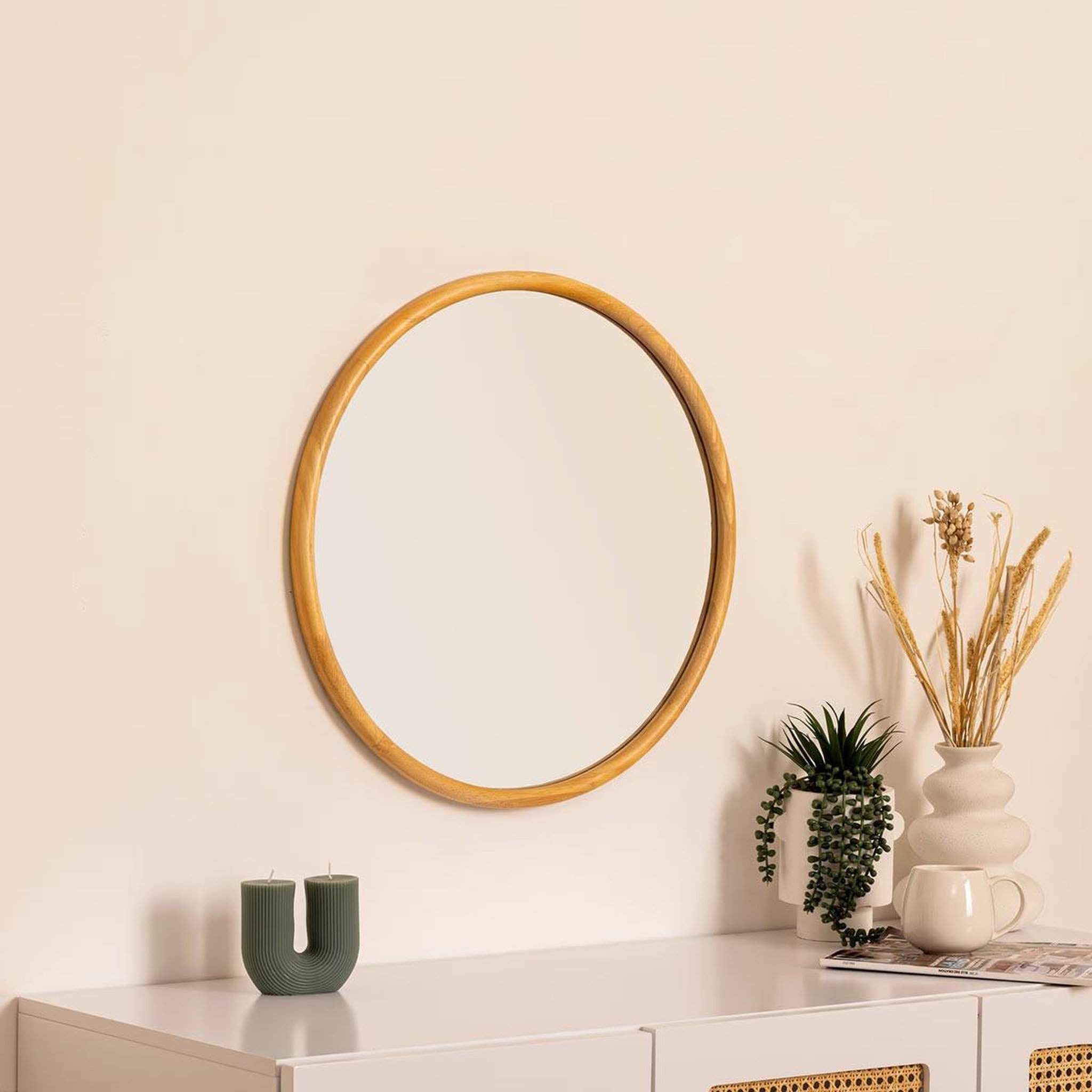 Voir la diapositive 4 : ATMOSPHERA Miroir mural rond  kim  55cm naturel