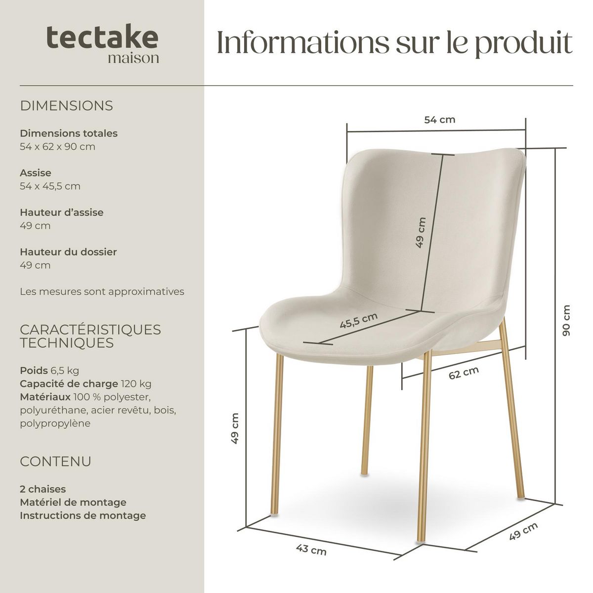 tectake Chaise rembourrée forme ergonomique avec dossier haut Aspect velours beige/doré Lot de 2