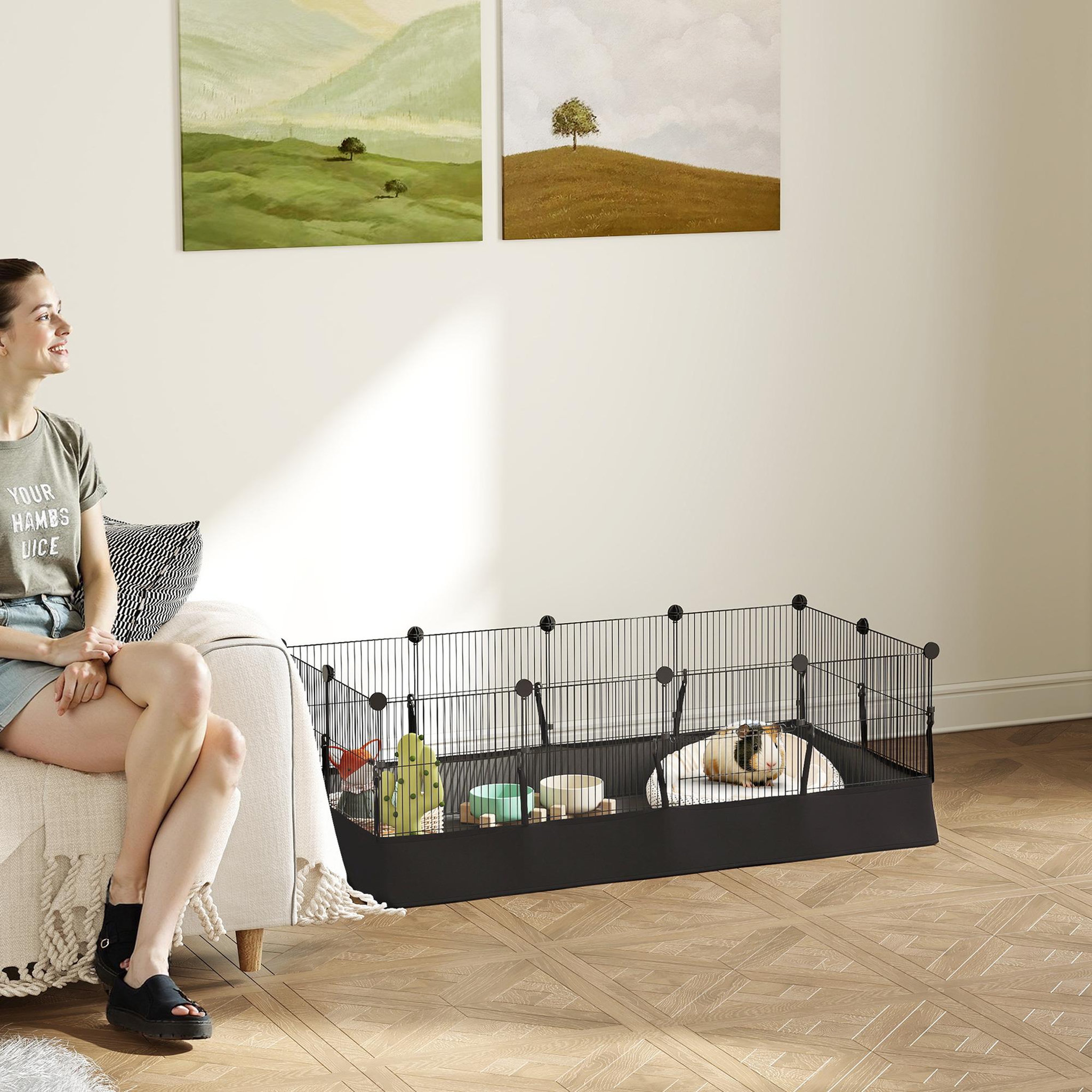 Voir la diapositive 2 : PAWHUT Enclos cage rongeur 12 panneaux modulables acier - tapis étanche - 120x60x40cm - noir