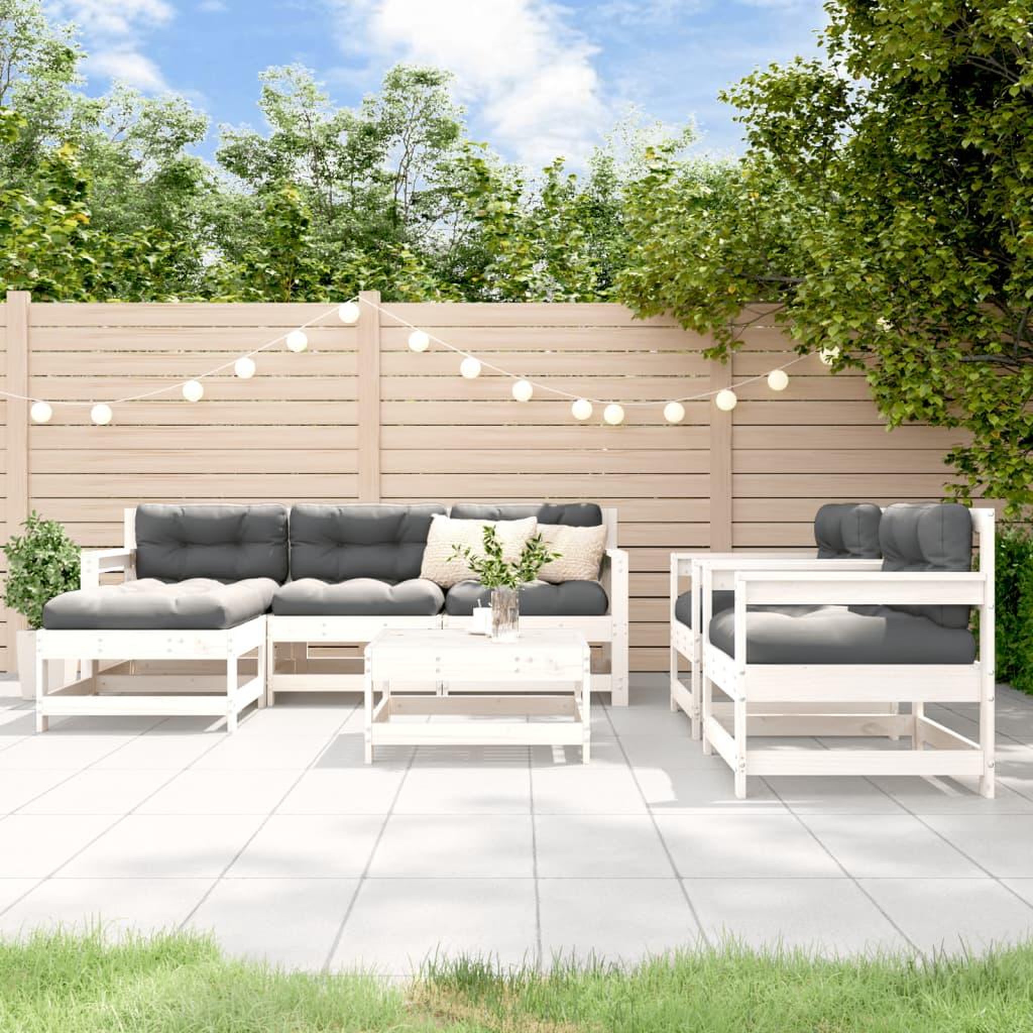 Voir la diapositive 1 : VIDAXL Salon de jardin 7 pcs avec coussins blanc bois massif