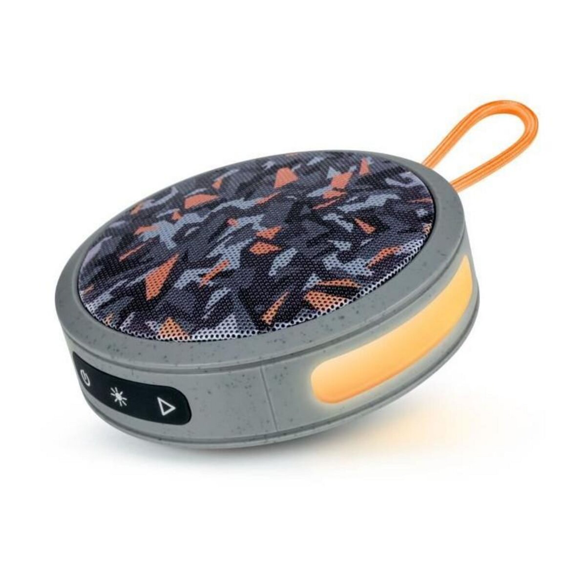 BIGBEN PARTY BIGBEN Party - Enceinte Bluetooth ronde avec dragonne et effets lumineux - 15W - Gris et orange camouflage