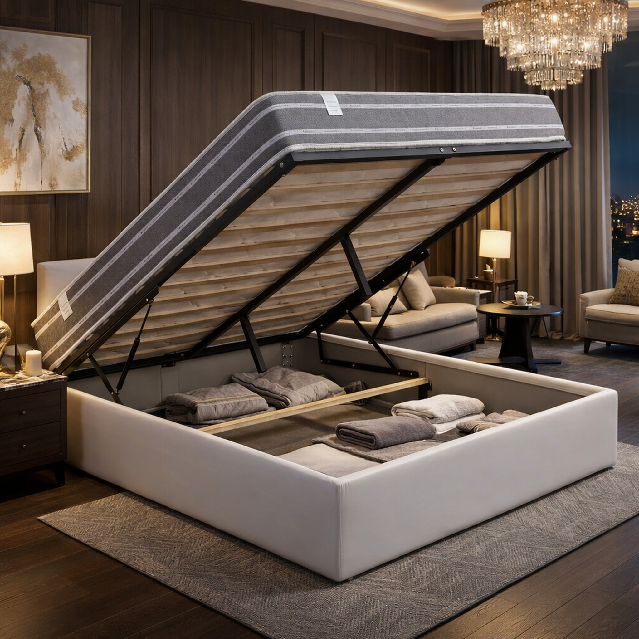 Voir la diapositive 1 : KING OF DREAMS Ensemble Lit Coffre et Matelas  Ferme Très Respirant Tissu