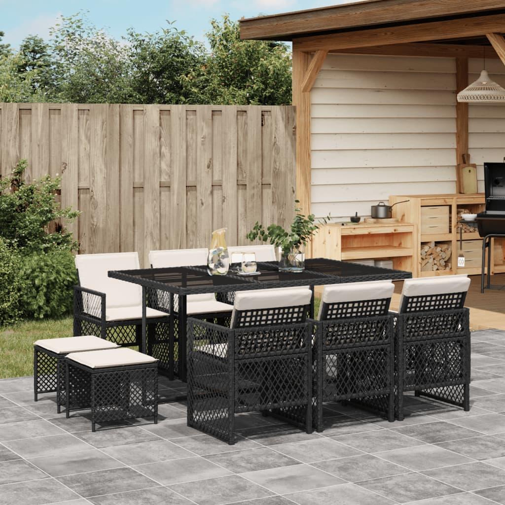 VIDAXL Ensemble a manger de jardin 11 pcs coussins noir resine tressee