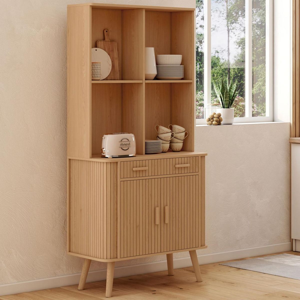 ID MARKET Buffet de cuisine 80 CM ROMIE 2 portes + tiroir effet lattes tasseau de bois