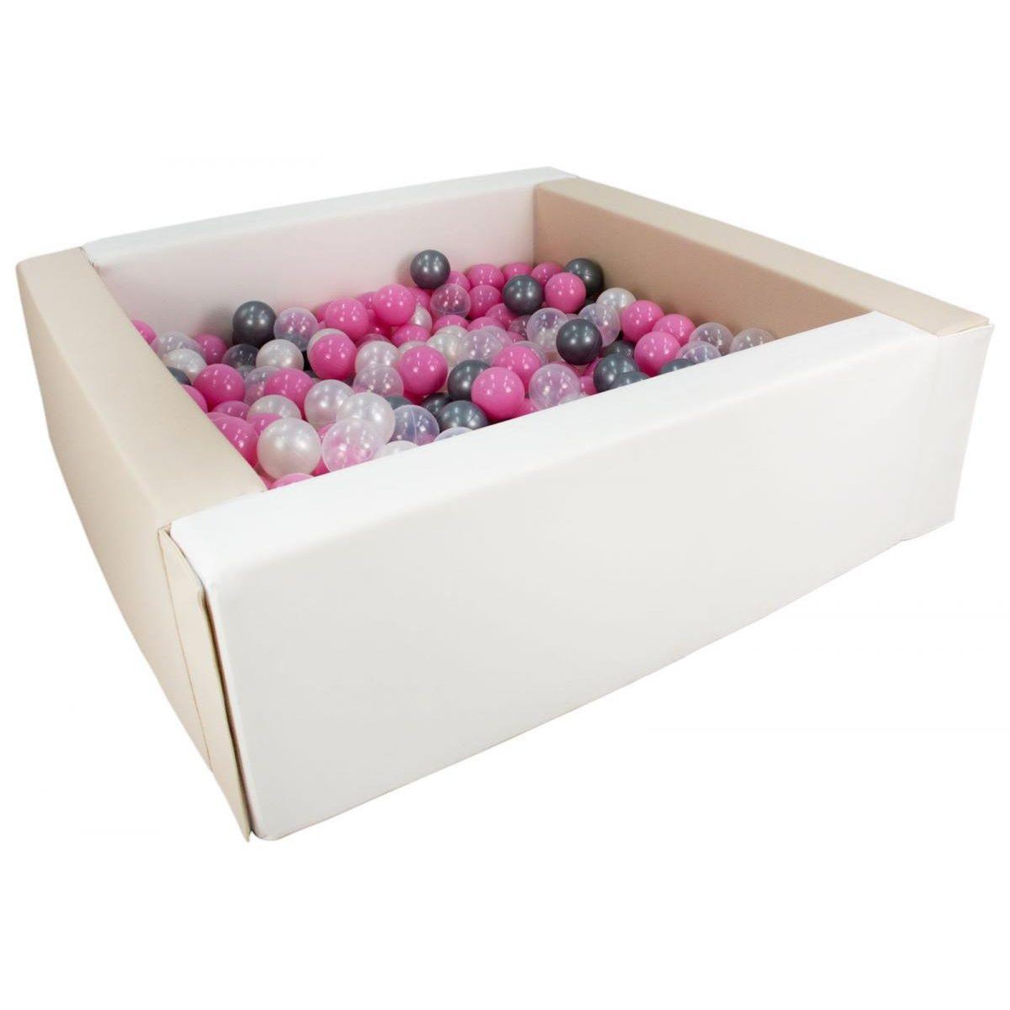 VELINDA Piscine à balles carrée avec 200 balles - Blc Capuc - perle, transparent, rose clair, argent