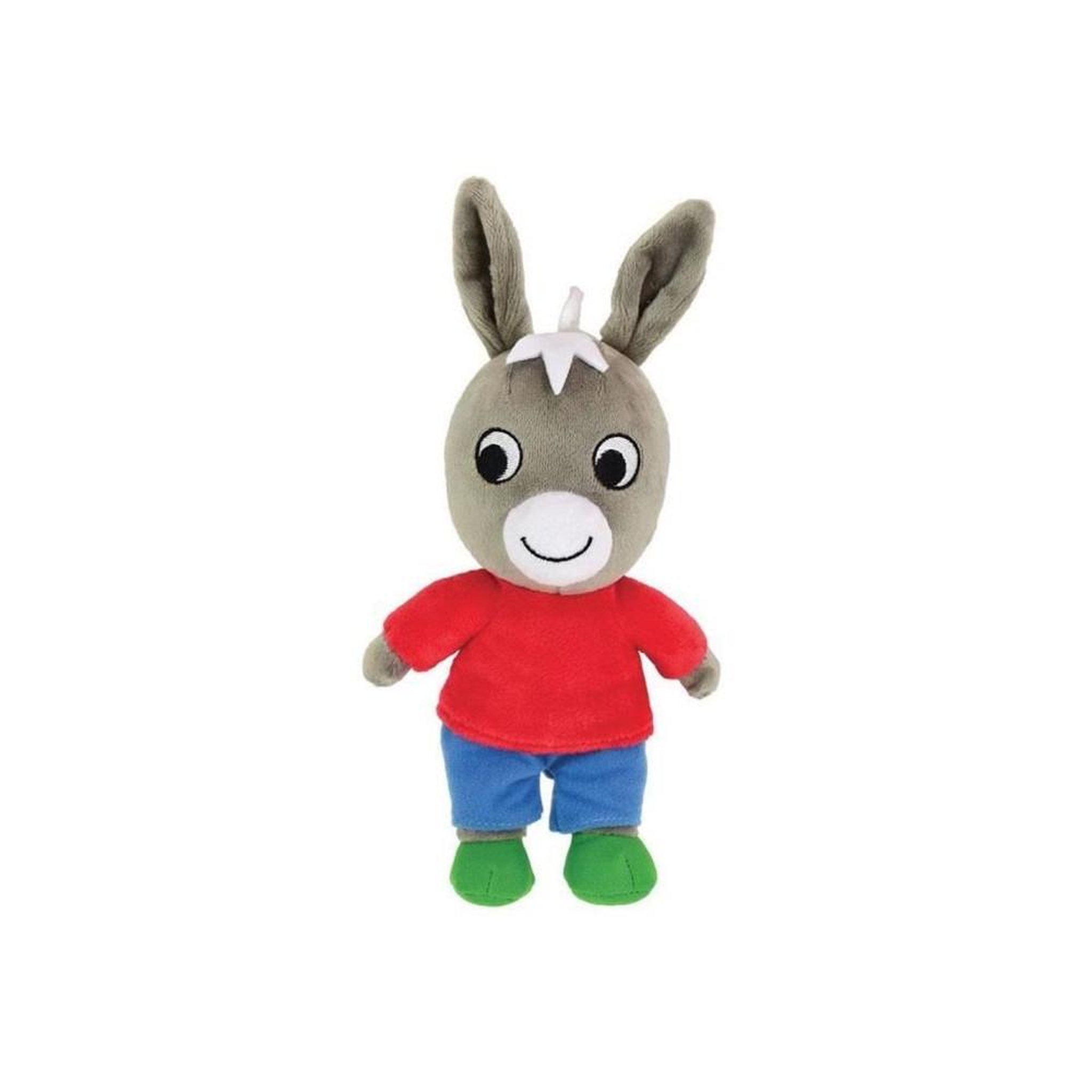 Voir la diapositive 2 : JEMINI Peluche Trotro bean bag 23 cm chemise rouge, pantalon bleu et chaussures vertes, détails brodés, 100 % polyester, lavable en machine à 30 °C