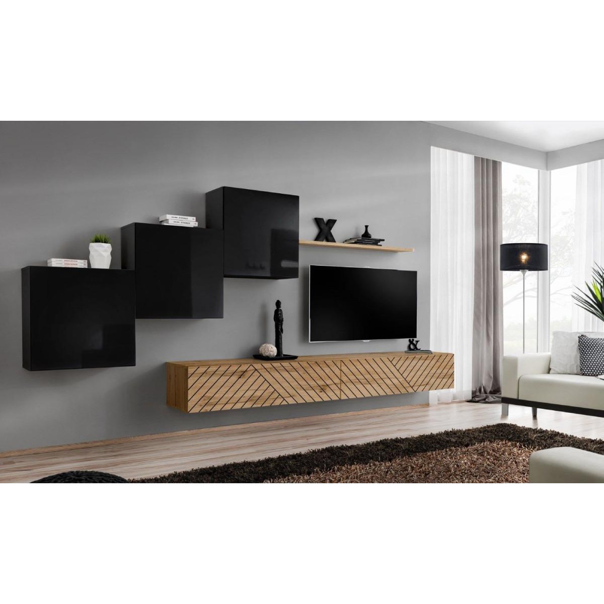 Voir la diapositive 2 : Paris Prix Ensemble meuble tv  switch lamel x  330cm naturel & noir
