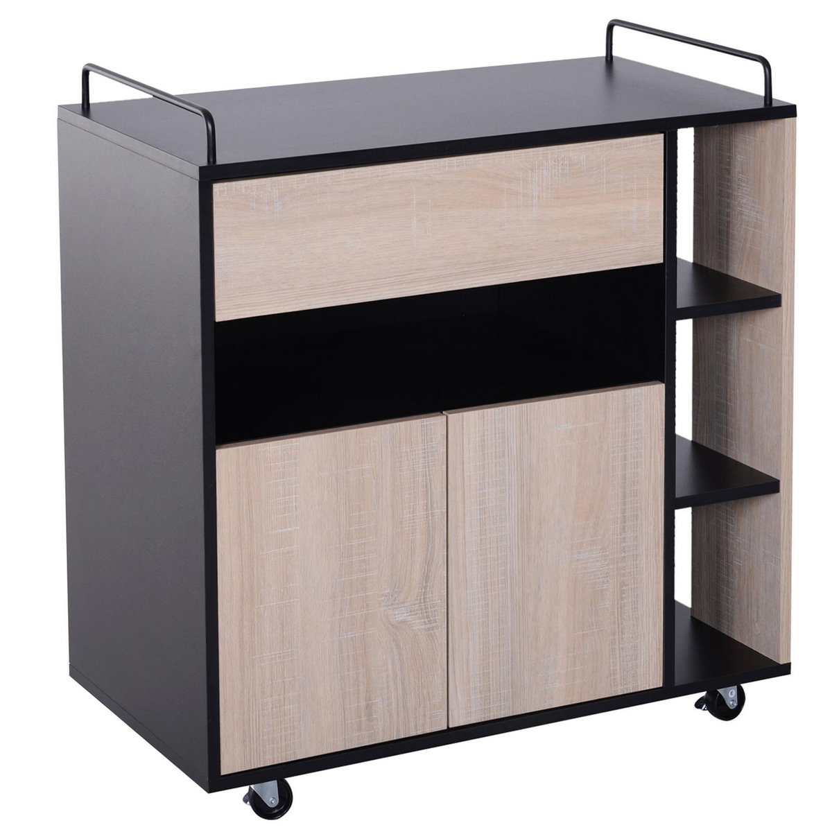 HOMCOM Chariot de service desserte de cuisine à roulettes multi-rangements placard double portes + 3 étagères + niche + tiroir panneaux particules noir chêne