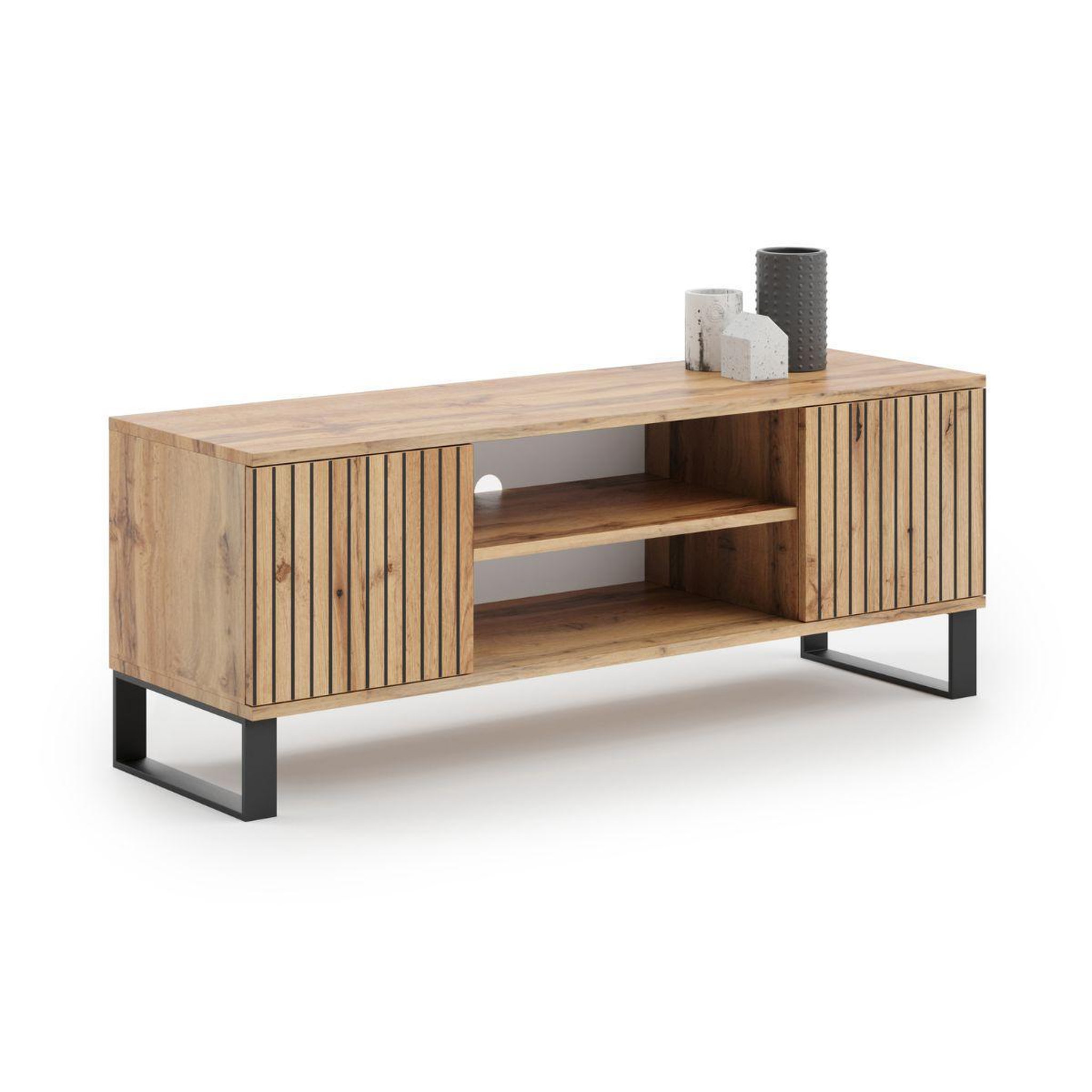 KOBI Meuble de télévision design 155 cm en décor bois chevrons