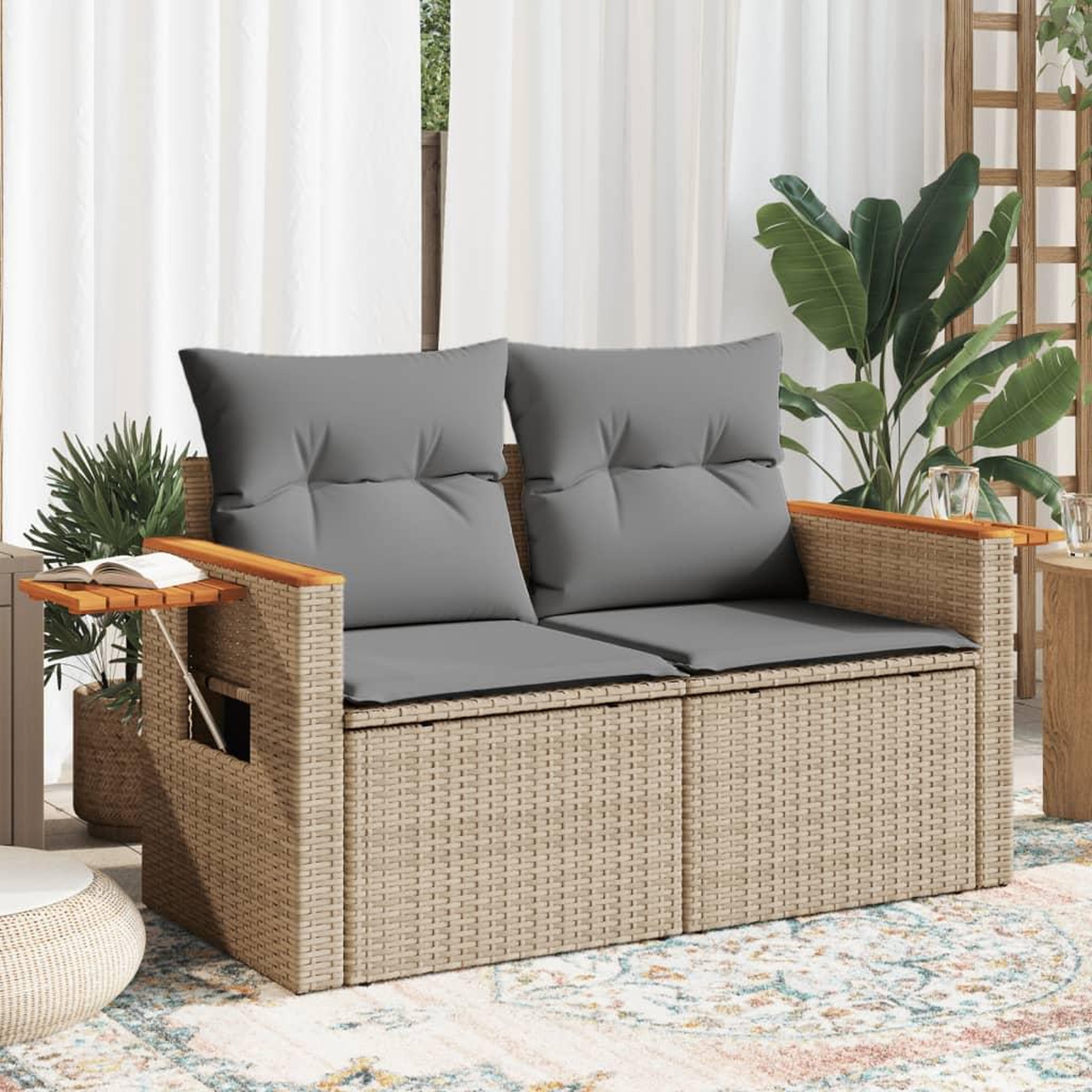VIDAXL Canape de jardin avec coussins 2 places beige resine tressee
