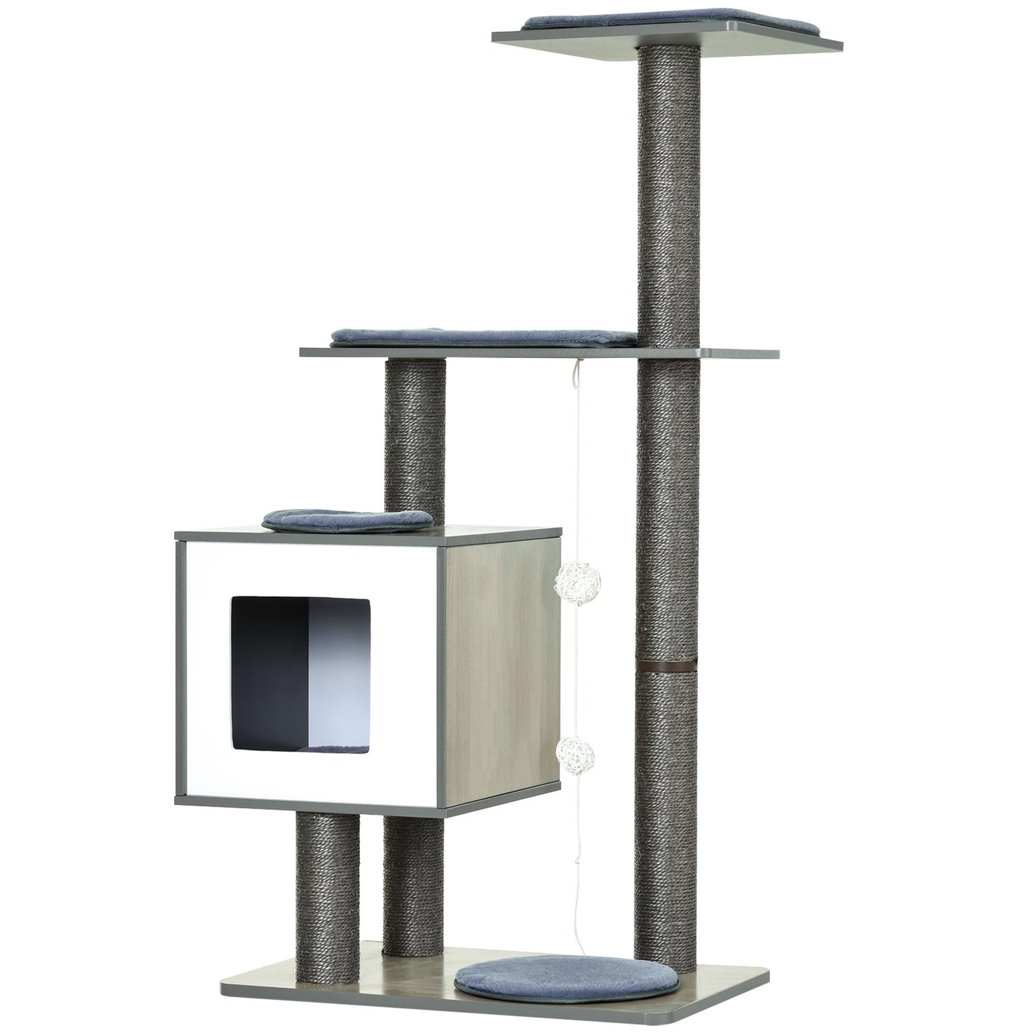 Voir la diapositive 1 : PAWHUT Arbre à chats design contemporain griffoirs grattoirs sisal naturel centre d'activités niche plate-formes jeu boules suspendues 71L x 49l x 120H cm MDF hêtre gris