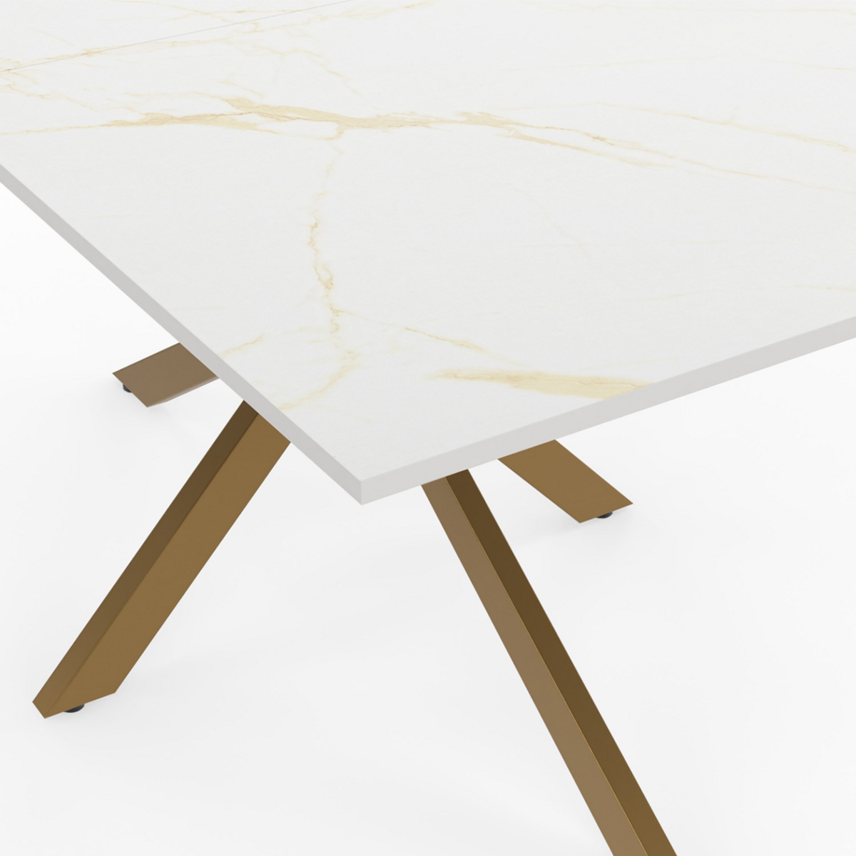 ID MARKET Table à manger rectangle ALIX  8 personnes pied araignée laiton et plateau effet marbre blanc ALASKA 160 cm