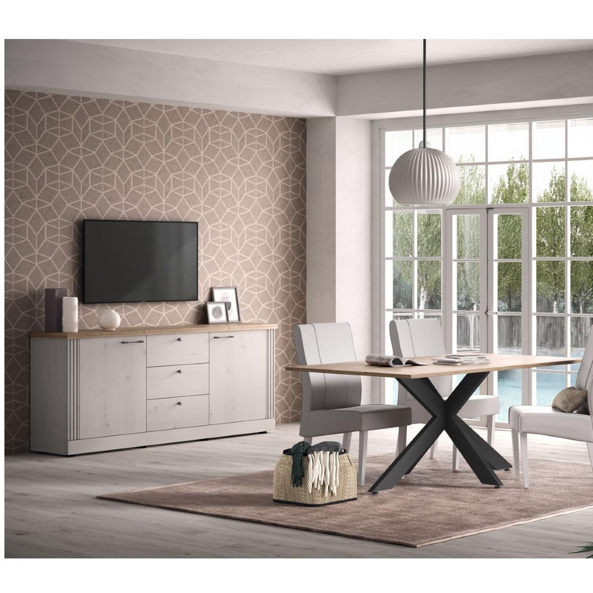 Voir la diapositive 5 : JLC KREATION Buffet moderne 2 portes-3 tiroirs coloris chêne naturel YANIS