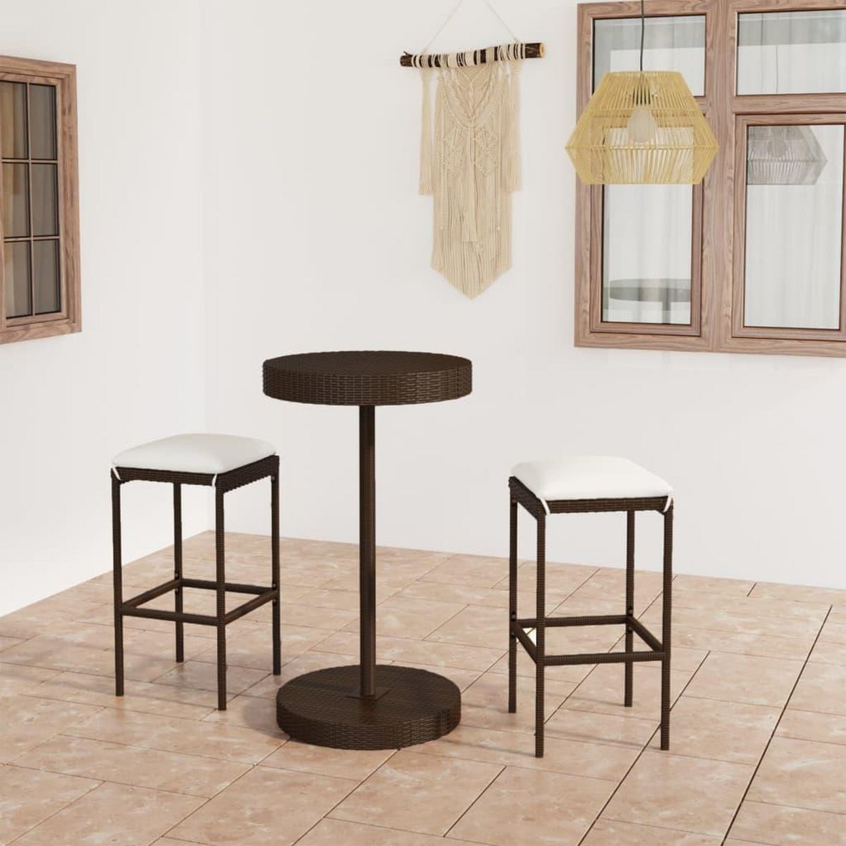 VIDAXL Ensemble de bar de jardin 3pcs coussins Resine tressee Marron