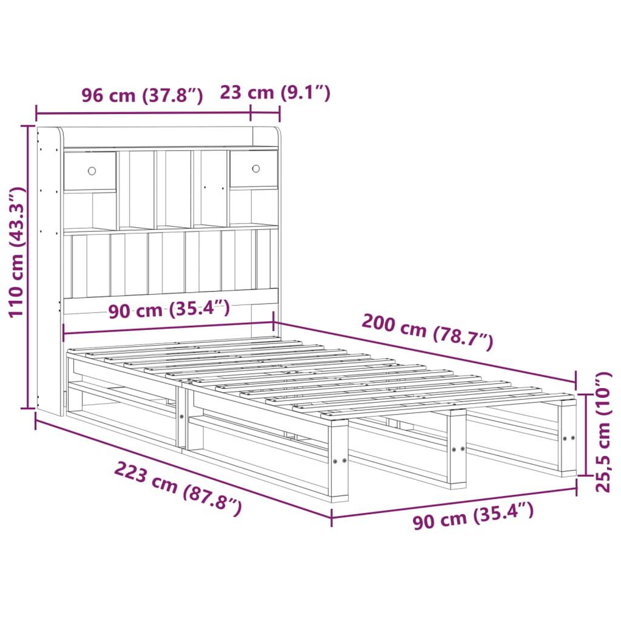 Voir la diapositive 6 : VIDAXL Lit bibliotheque sans matelas 90x200 cm bois de pin massif