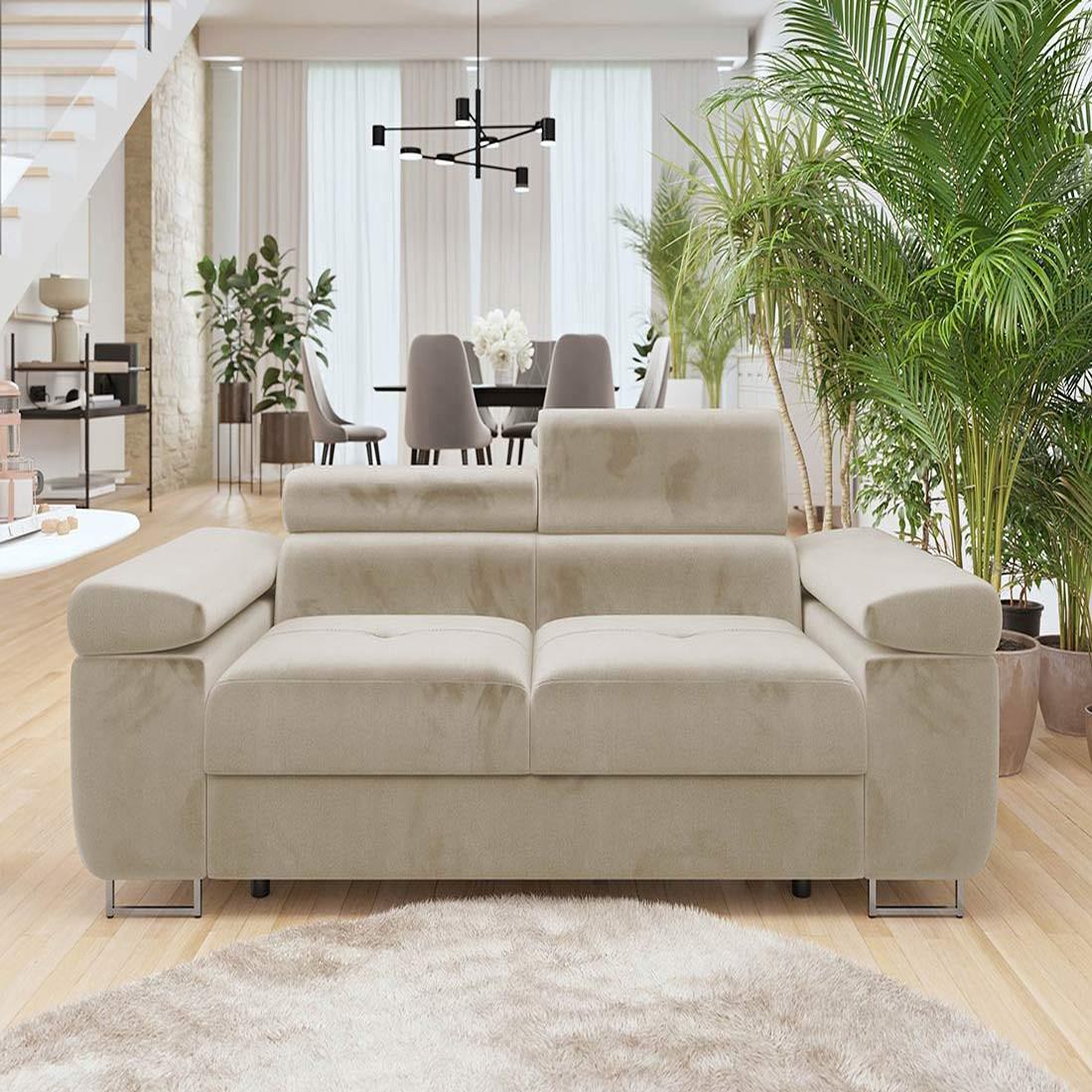 BEST MOBILIER Pablo - canapé droit 2 places avec têtières ajustables - en velours. Coloris disponibles : Beige, Vert, Gris, Bleu