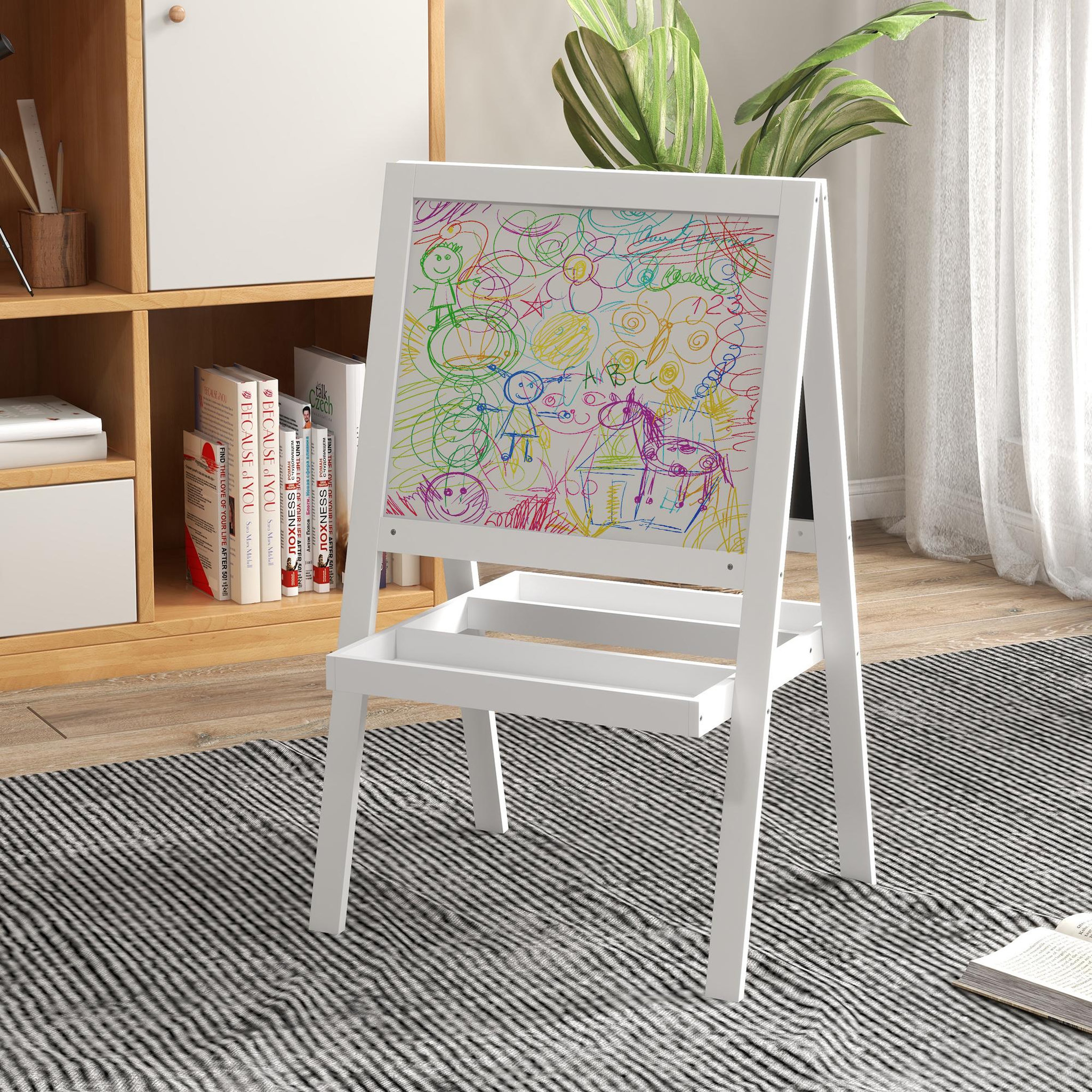 Voir la diapositive 2 : HOMCOM Tableau enfant double face - chevalet enfant - tableau blanc magnétique, tableau noir à craie - 2 paniers rangements - MDF blanc