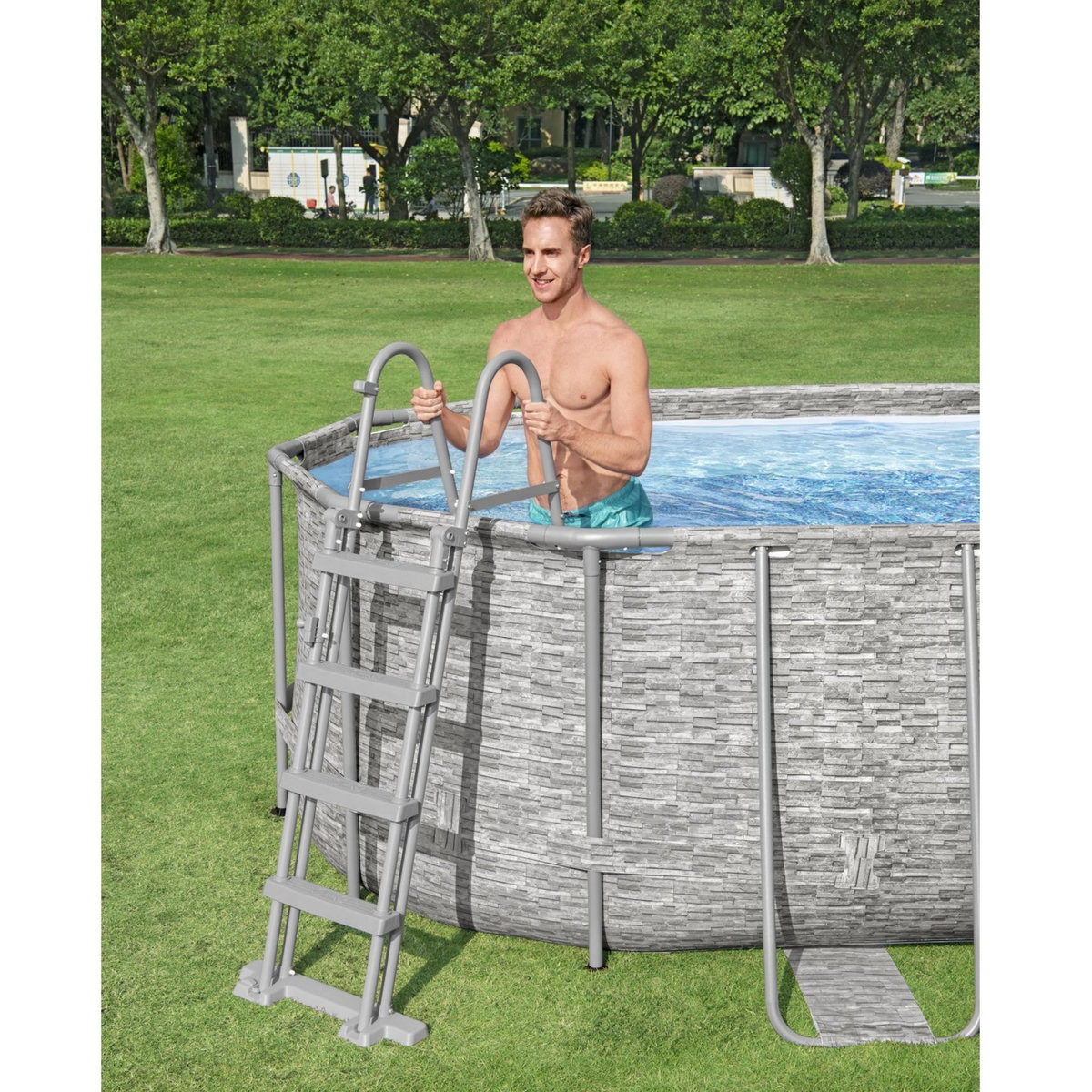 BESTWAY Piscine tubulaire ovale motif pierres avec hublots 549x274x122cm Power Steel&trade; SwimVista
