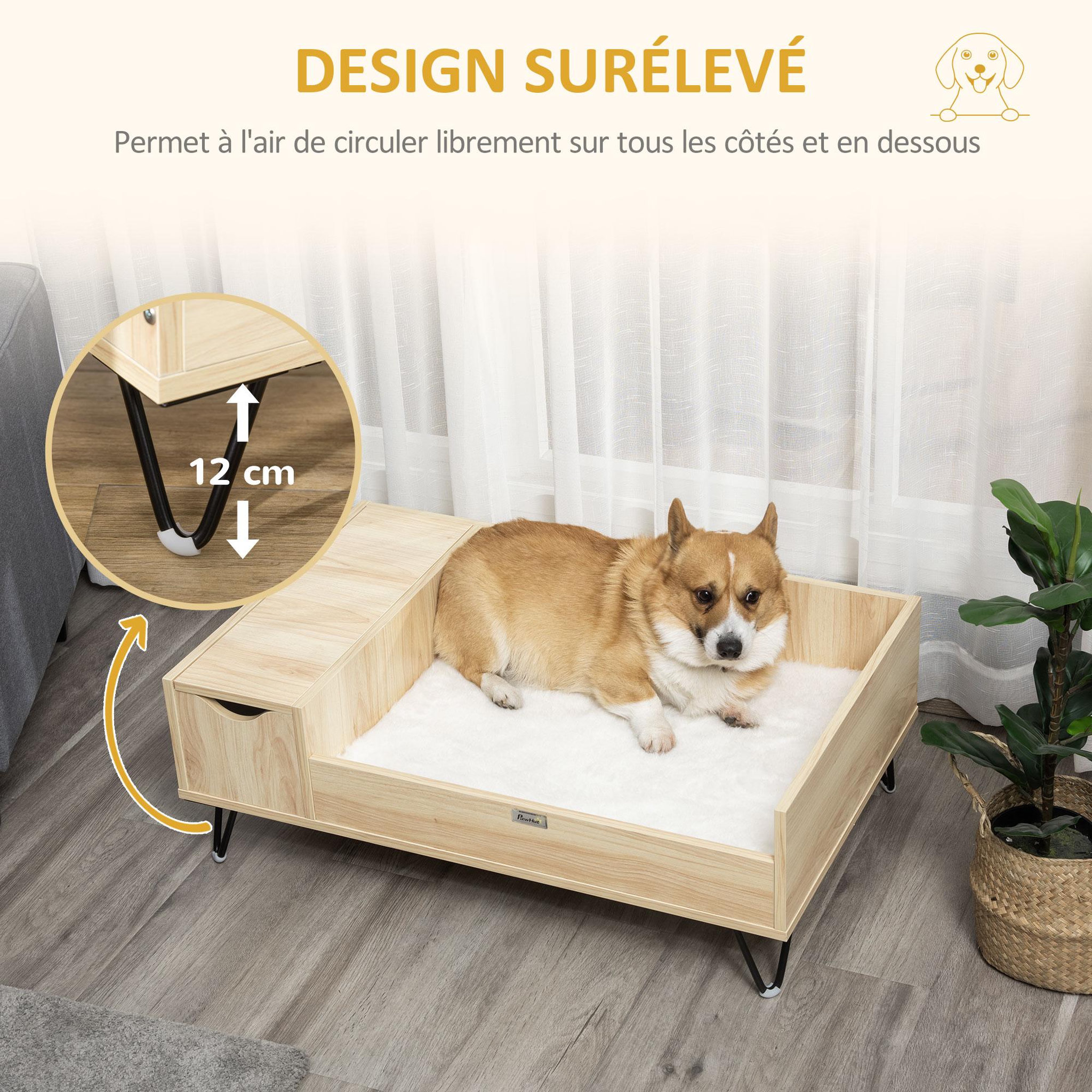 Voir la diapositive 5 : PAWHUT Canapé chien chat style cosy naturel - coussin aspect fourrure blanc et coffre inclus - dim. 89L x 56l x 31H cm - pieds acier en épingles lit MDF aspect bois clair naturel