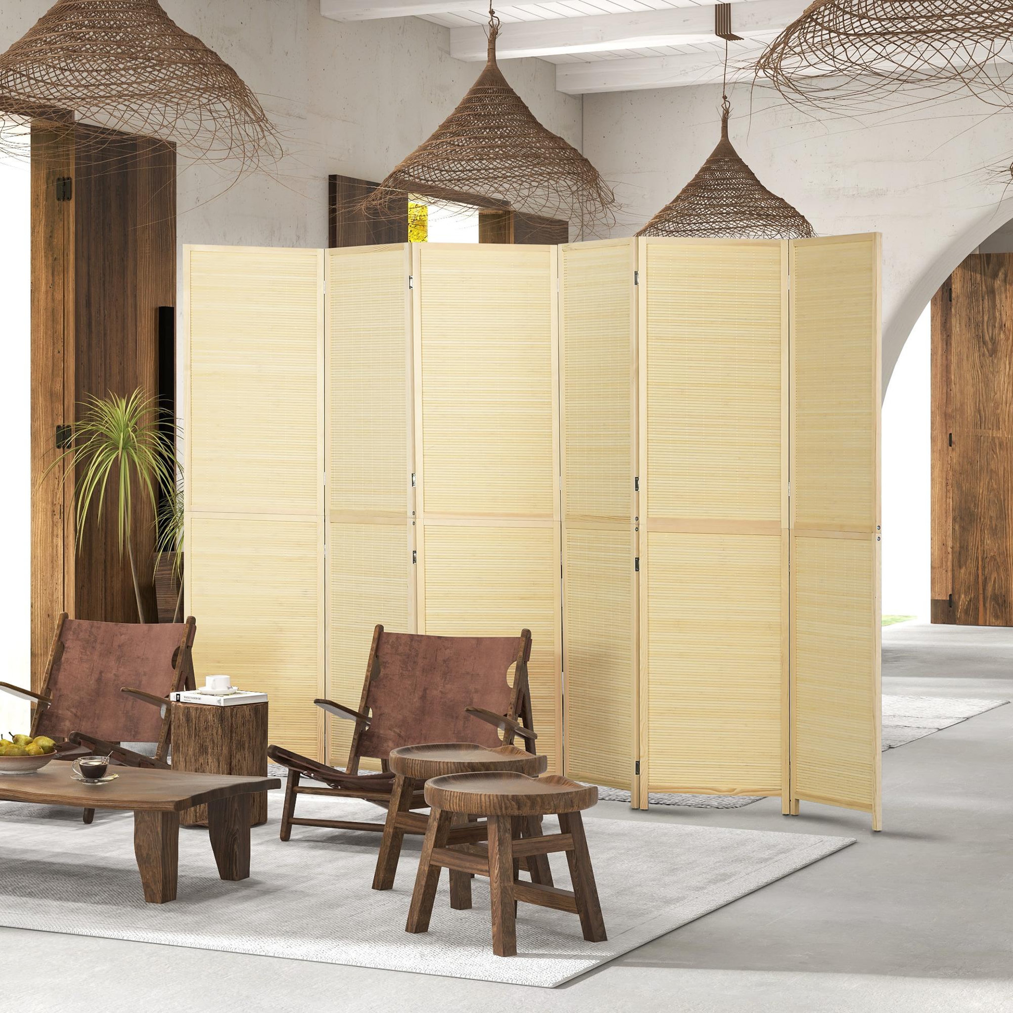 Voir la diapositive 2 : HOMCOM Paravent séparateur de pièce 6 panneaux pliables dim. 270L x 180H cm bois de bambou