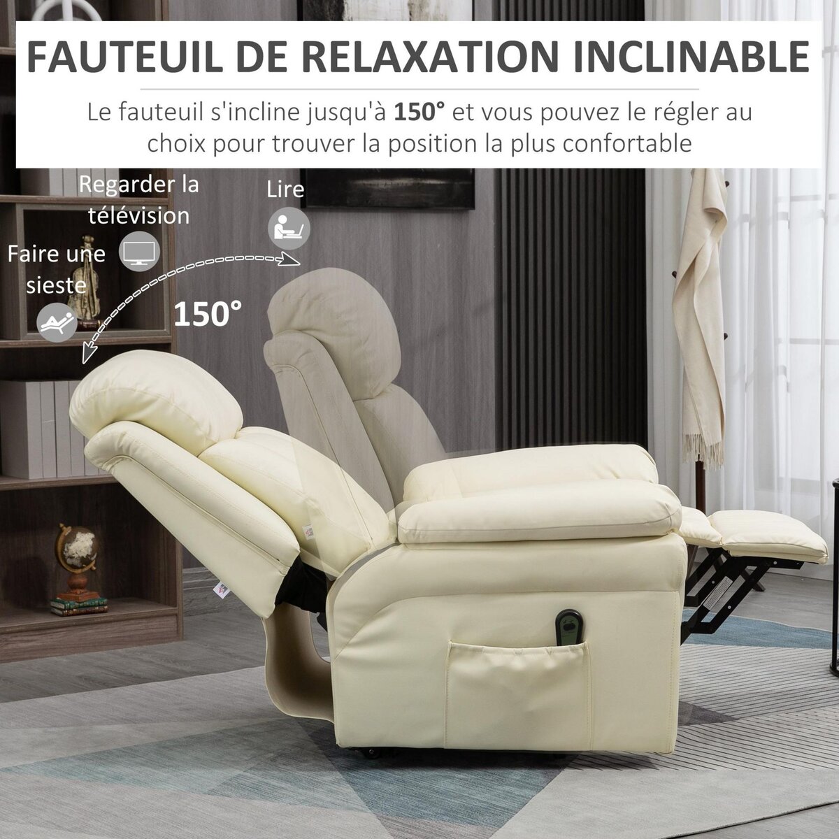 HOMCOM Fauteuil releveur inclinable avec repose-pied ajustable - fauteuil de relaxation électrique - revêtement synthétique crème
