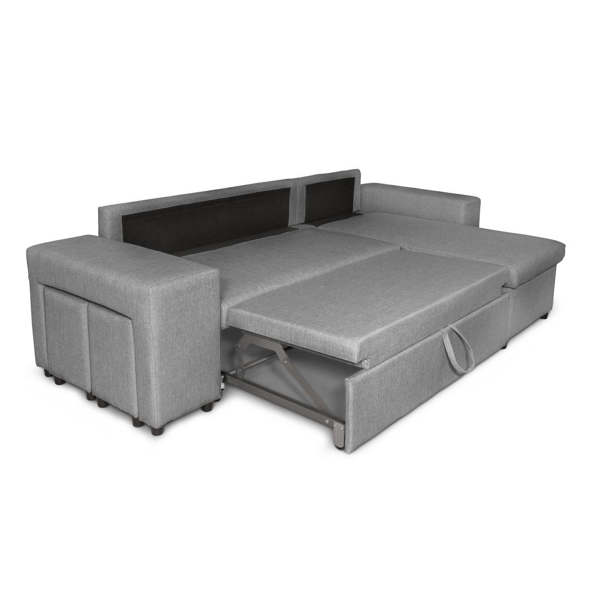 Canapé d'angle convertible avec coffre 3 places + 2 poufs à gauche et étagère à droite  MACHA