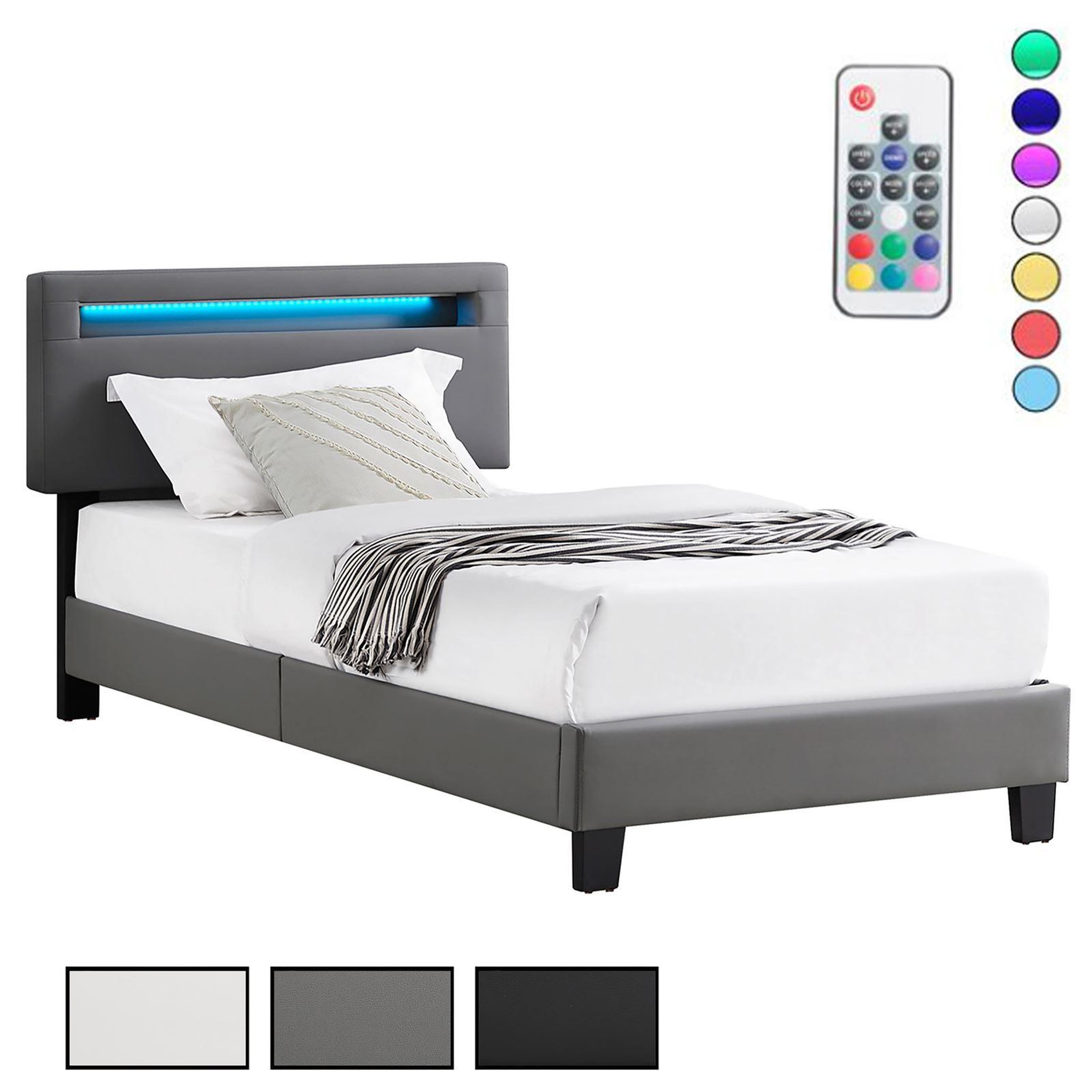 IDIMEX Lit LED simple EVAN 90x190 cm, avec sommier, revêtement en synthétique. Coloris disponibles : Gris, Noir, Blanc